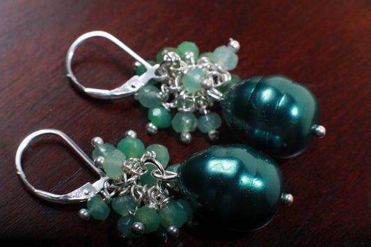 Natural Chrysoprase Dangling Cluster Earrings with South Seashell Baroque Pearl in 925 Sterling Silver Leverback