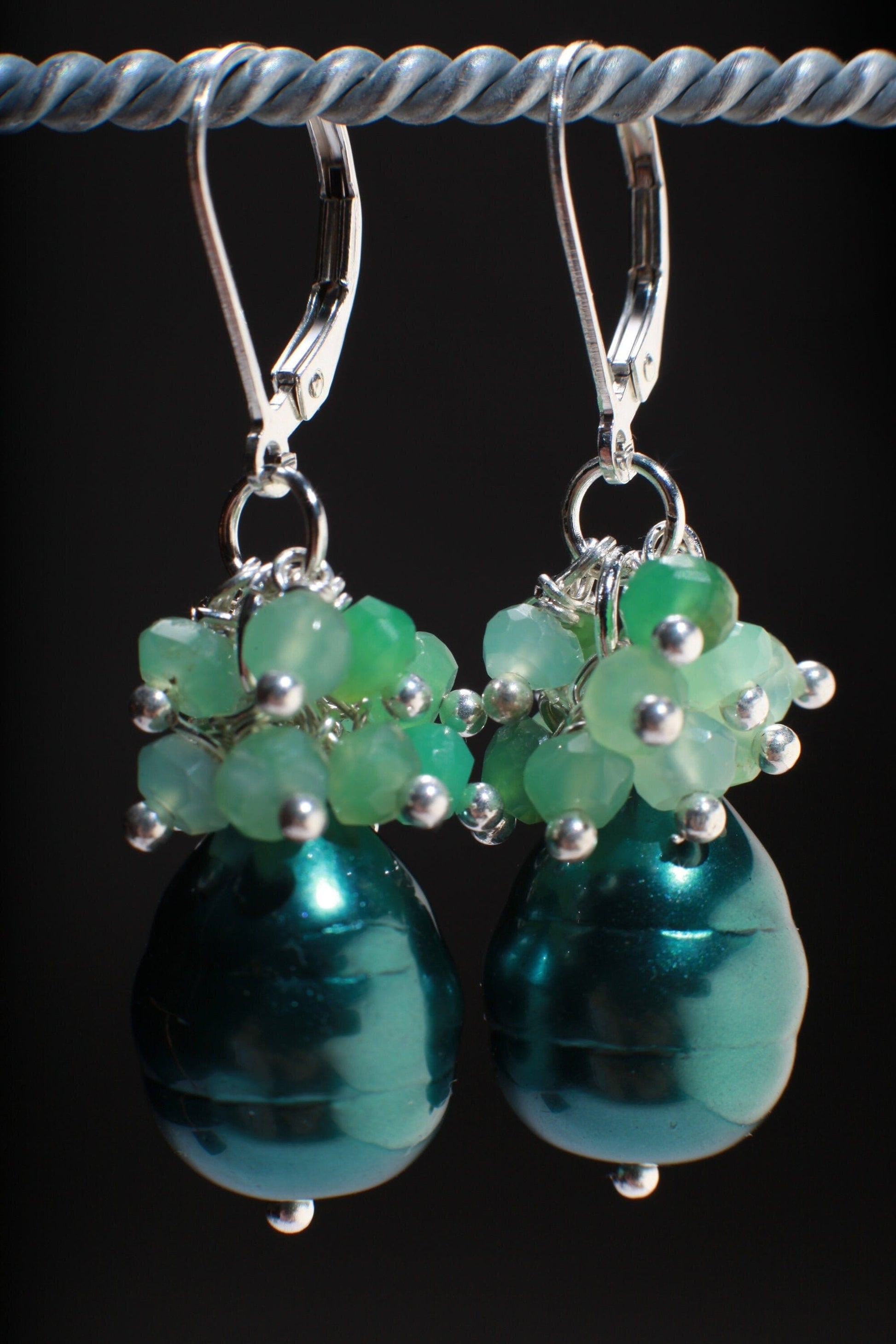 Natural Chrysoprase Dangling Cluster Earrings with South Seashell Baroque Pearl in 925 Sterling Silver Leverback