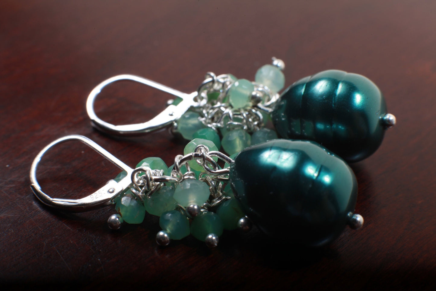 Natural Chrysoprase Dangling Cluster Earrings with South Seashell Baroque Pearl in 925 Sterling Silver Leverback