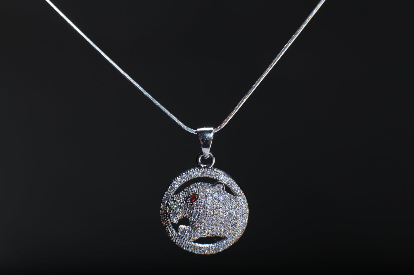 Cubic Zirconia CZ Micro Pave Diamond Style Rhodium Silver Jaguar Ruby Eye Pendant with 925 Sterling Silver Snake Chain in 16", 18"