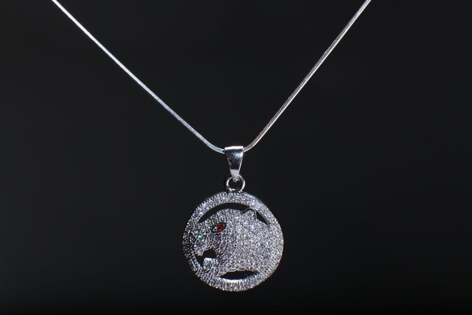Cubic Zirconia CZ Micro Pave Diamond Style Rhodium Silver Jaguar Ruby Eye Pendant with 925 Sterling Silver Snake Chain in 16", 18"