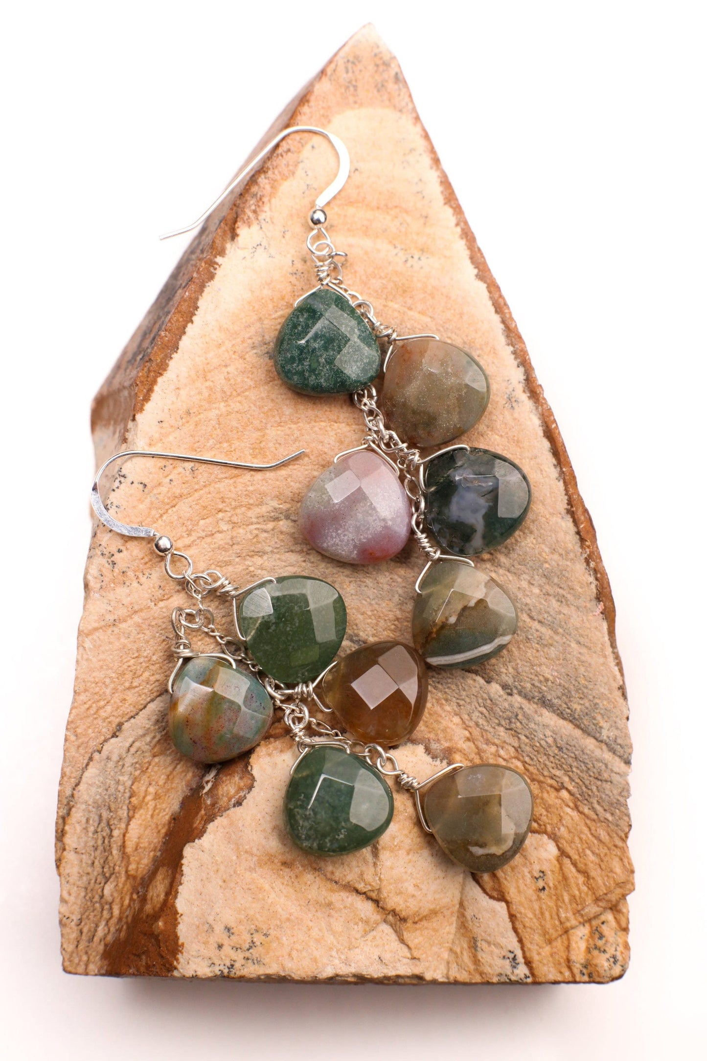 Natural Fancy Jasper Dangling Wire Wrapped Teardrop Briolette Layering Earrings in 925 Sterling Silver Earwire, Boho, Handmade, Gift for her