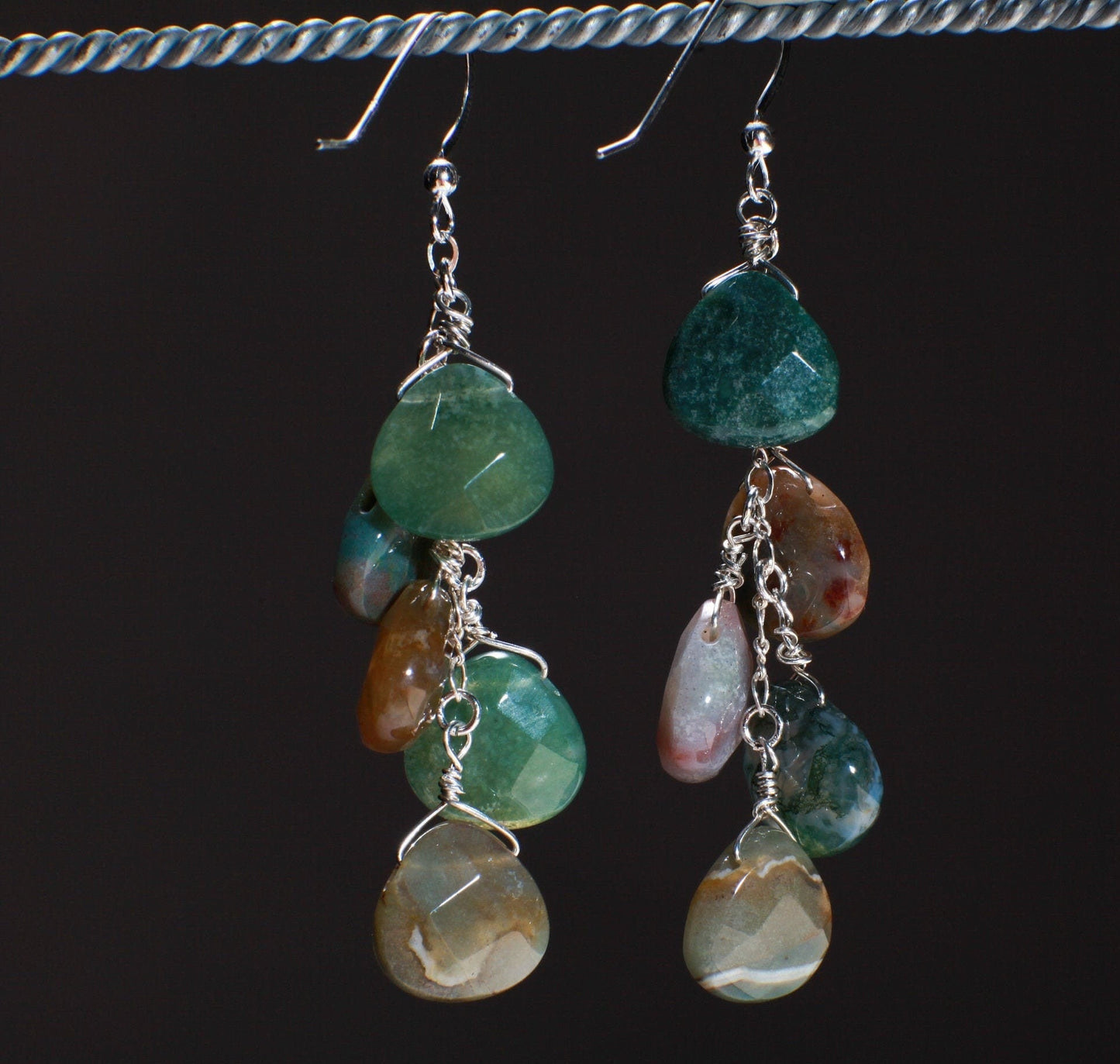 Natural Fancy Jasper Dangling Wire Wrapped Teardrop Briolette Layering Earrings in 925 Sterling Silver Earwire, Boho, Handmade, Gift for her