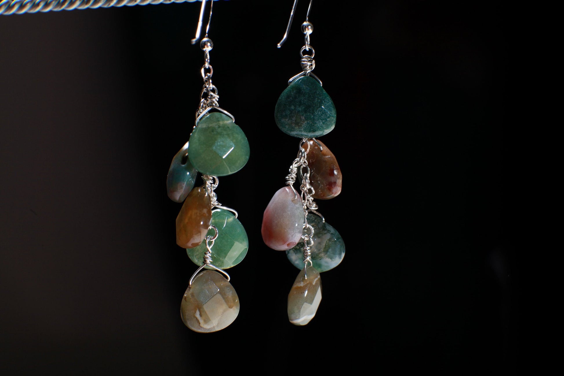 Natural Fancy Jasper Dangling Wire Wrapped Teardrop Briolette Layering Earrings in 925 Sterling Silver Earwire, Boho, Handmade, Gift for her