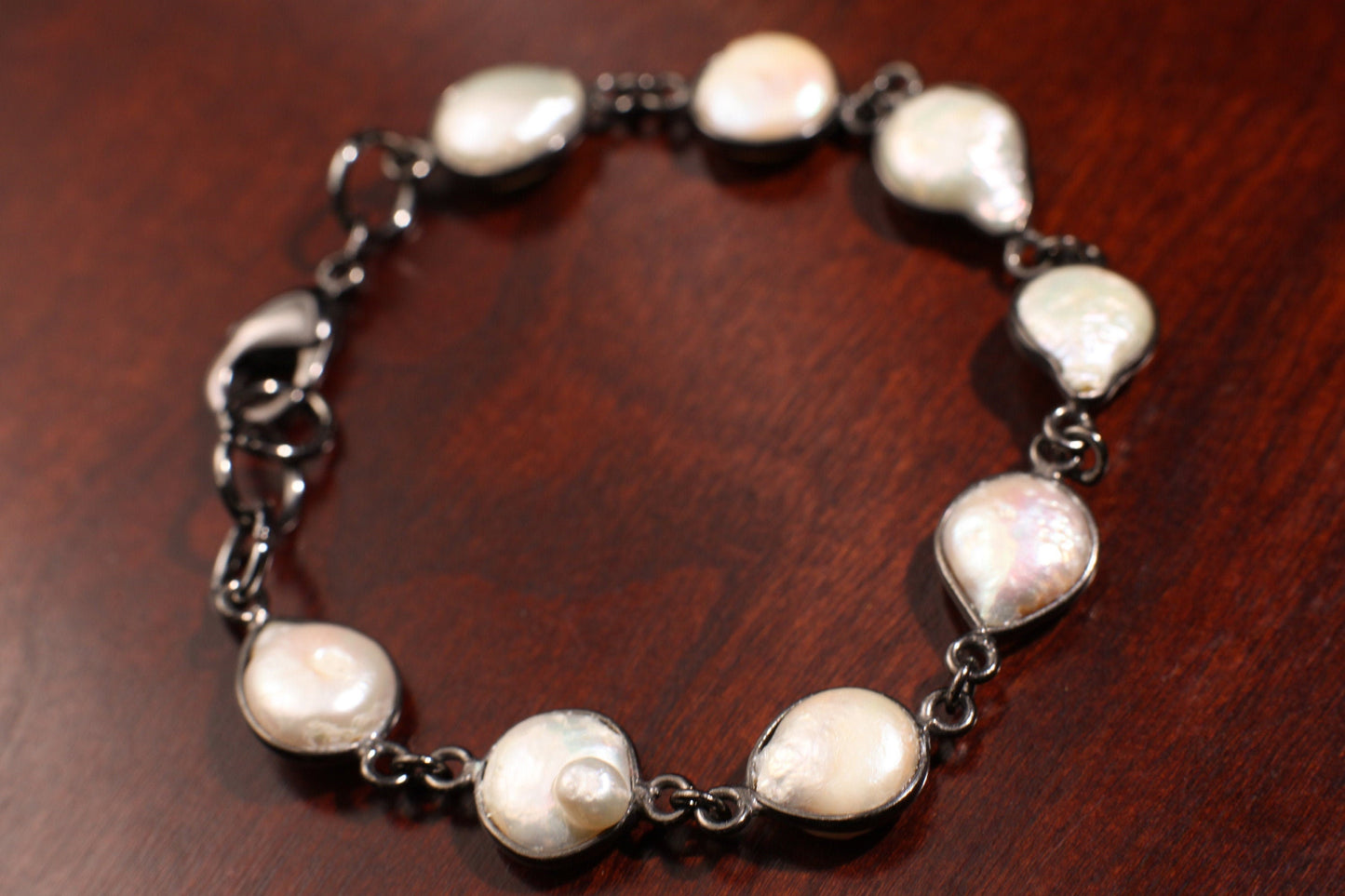 Genuine Freshwater Pearl 10mm Coin Pearl Sterling Silver Oxidized Bezel Bracelet.6”-10”