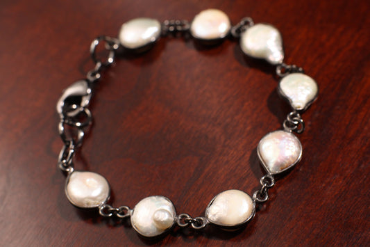 Genuine Freshwater Pearl 10mm Coin Pearl Sterling Silver Oxidized Bezel Bracelet.6”-10”