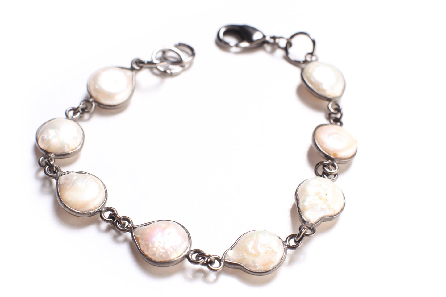 Genuine Freshwater Pearl 10mm Coin Pearl Sterling Silver Oxidized Bezel Bracelet.6”-10”