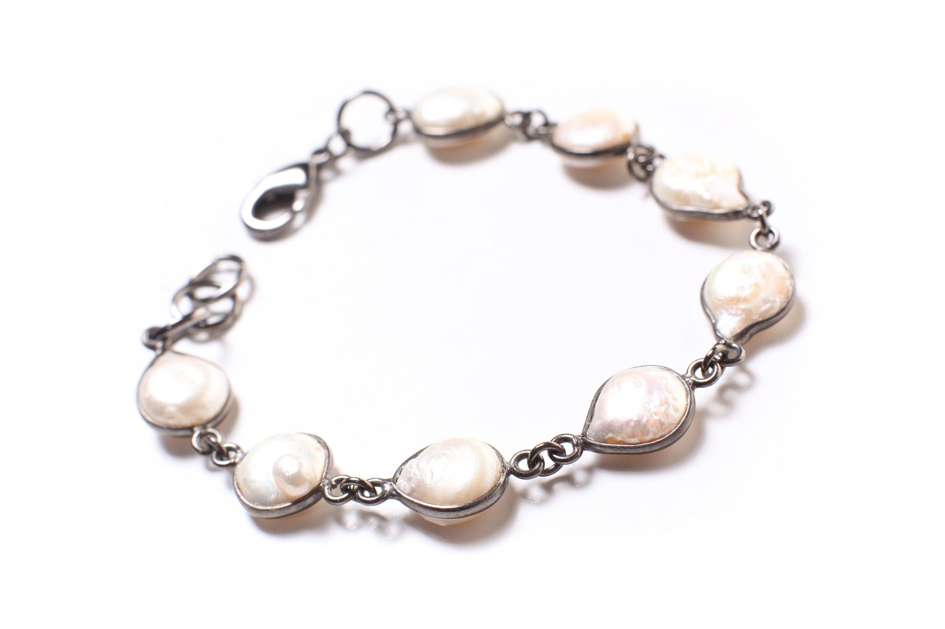 Genuine Freshwater Pearl 10mm Coin Pearl Sterling Silver Oxidized Bezel Bracelet.6”-10”