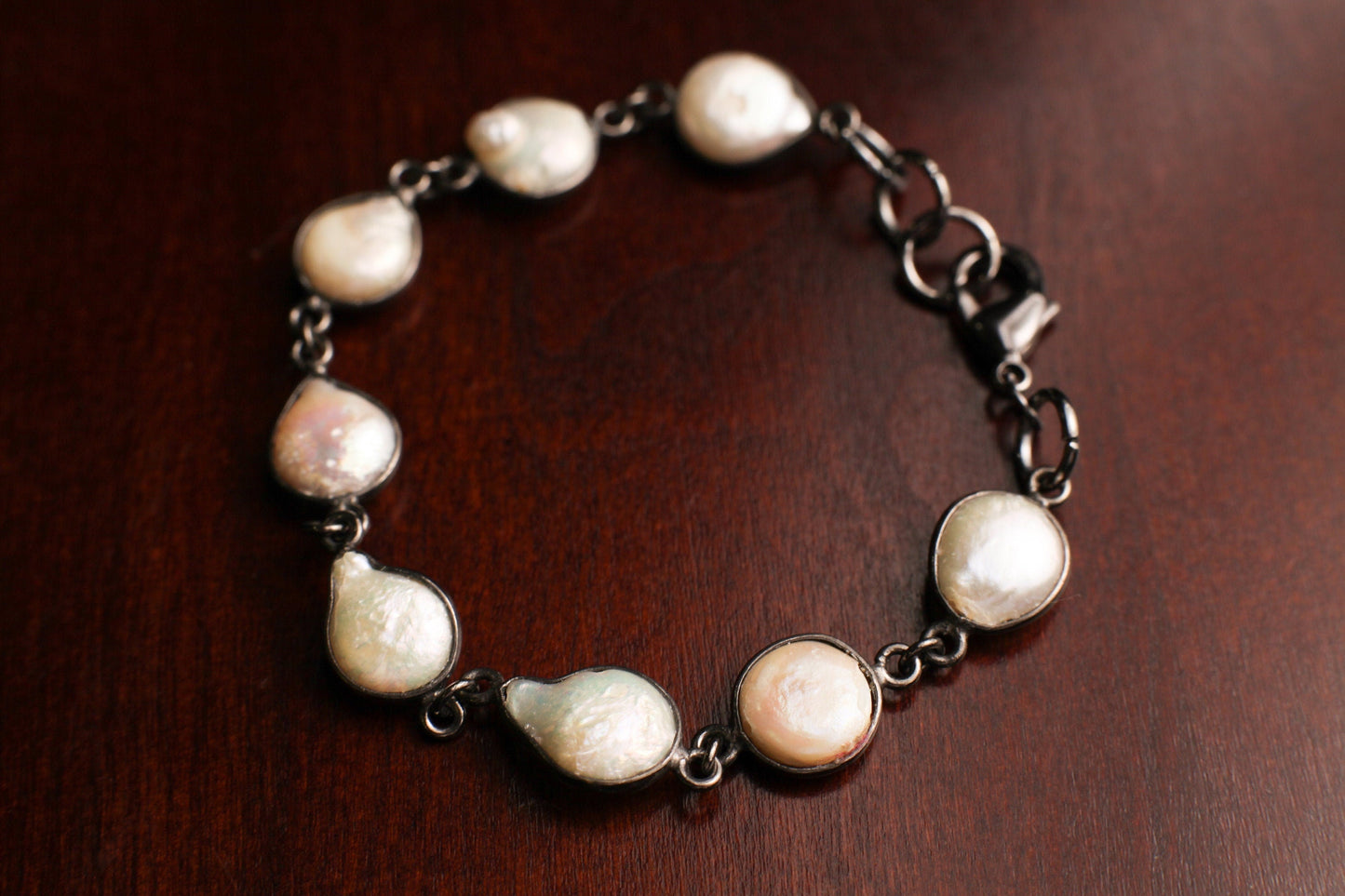 Genuine Freshwater Pearl 10mm Coin Pearl Sterling Silver Oxidized Bezel Bracelet.6”-10”