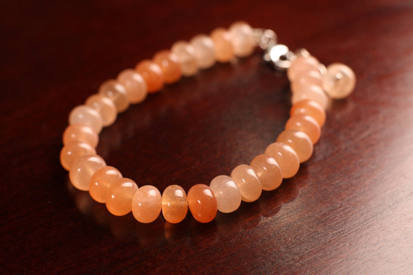 Natural Peach Moonstone 2 tone smooth roundel 8-8.5mm large multi peachy pink with 925 sterling silver Bracelet with 1” extension