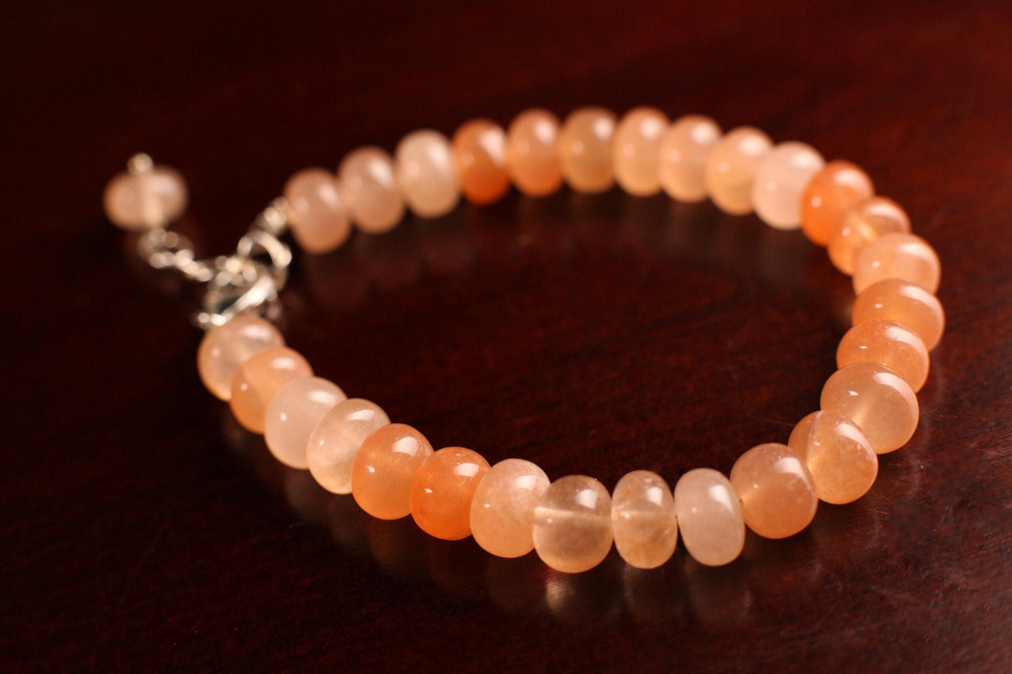 Natural Peach Moonstone 2 tone smooth roundel 8-8.5mm large multi peachy pink with 925 sterling silver Bracelet with 1” extension