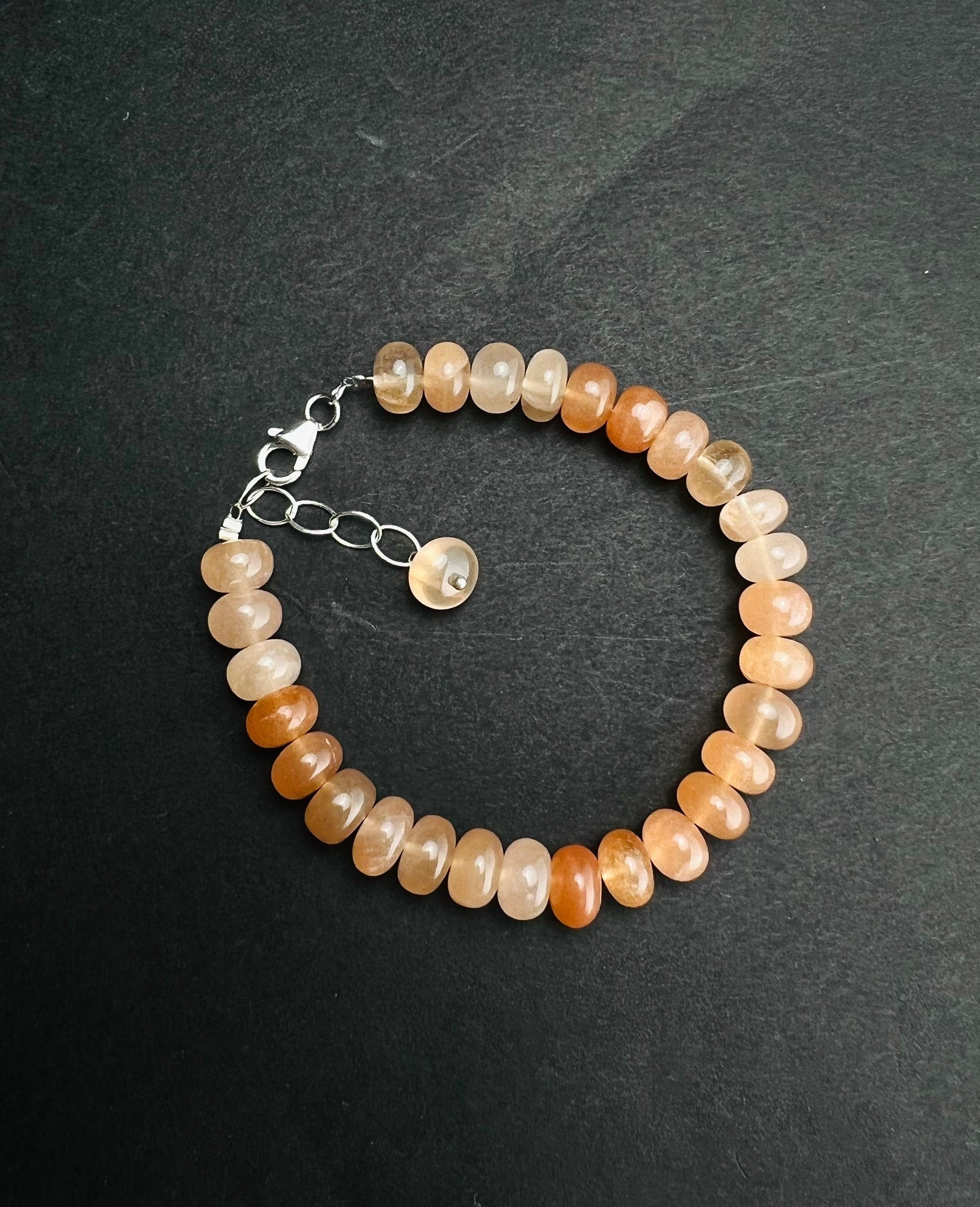 Natural Peach Moonstone 2 tone smooth roundel 8-8.5mm large multi peachy pink with 925 sterling silver Bracelet with 1” extension