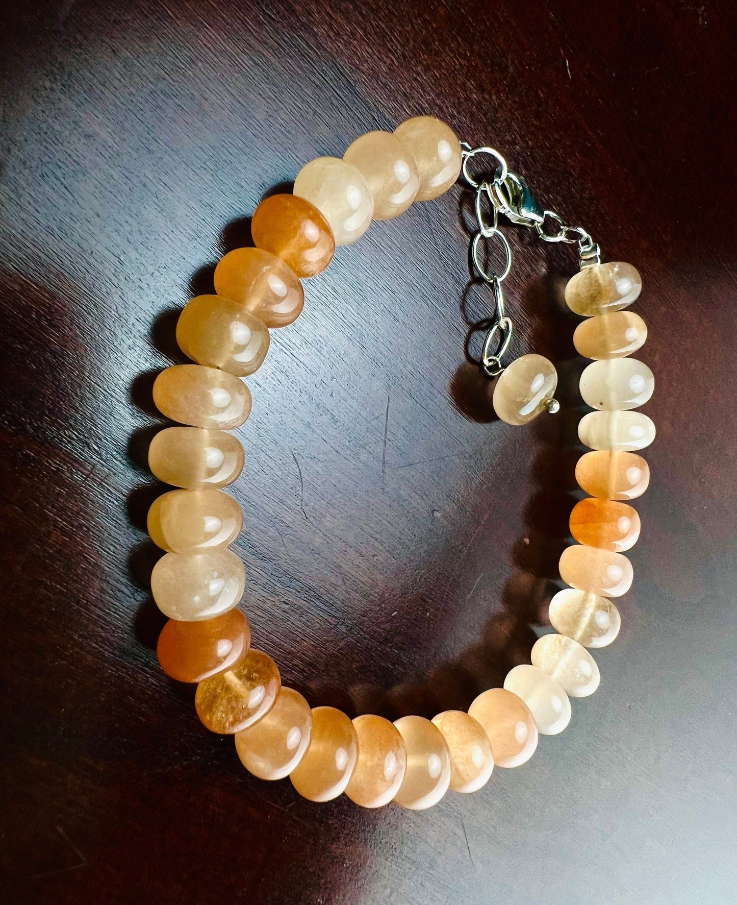 Natural Peach Moonstone 2 tone smooth roundel 8-8.5mm large multi peachy pink with 925 sterling silver Bracelet with 1” extension
