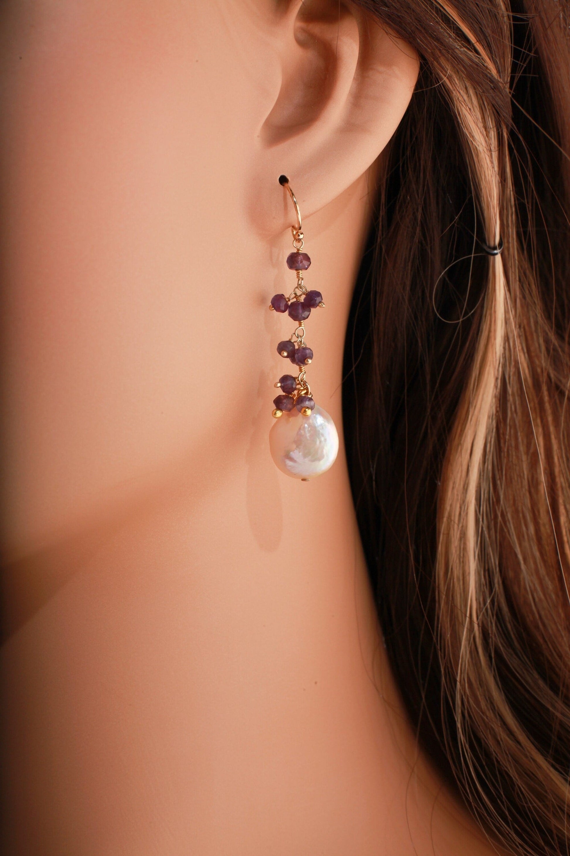 Natural Fresh Water Coin Pearl Dangling with Amethyst Cluster in 14K Gold Filled Ear wire, Valentine, Bridesmaid, Gift for her