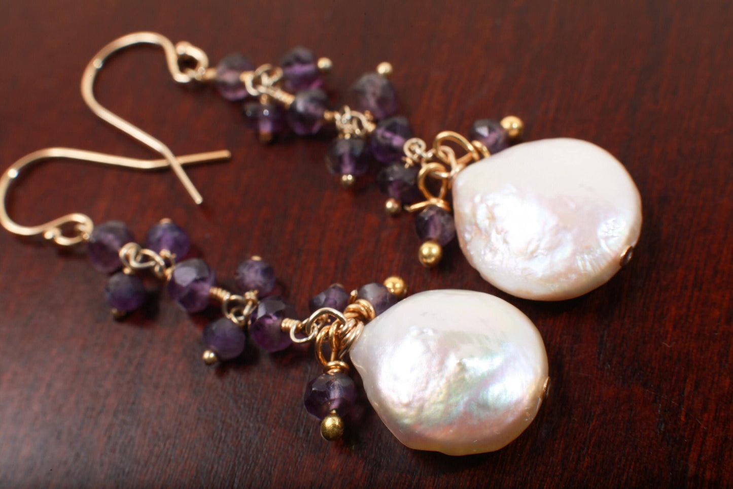 Natural Fresh Water Coin Pearl Dangling with Amethyst Cluster in 14K Gold Filled Ear wire, Valentine, Bridesmaid, Gift for her