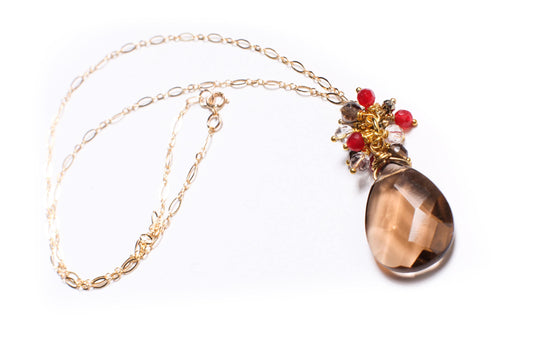 Smokey Quartz Faceted Pear Drop 18x25mm Pendant, Smokey Qz, Rock Crystal,Ruby Jade Clusters Wire Wrapped,14K Gold Filled Chain 18&quot; Necklace