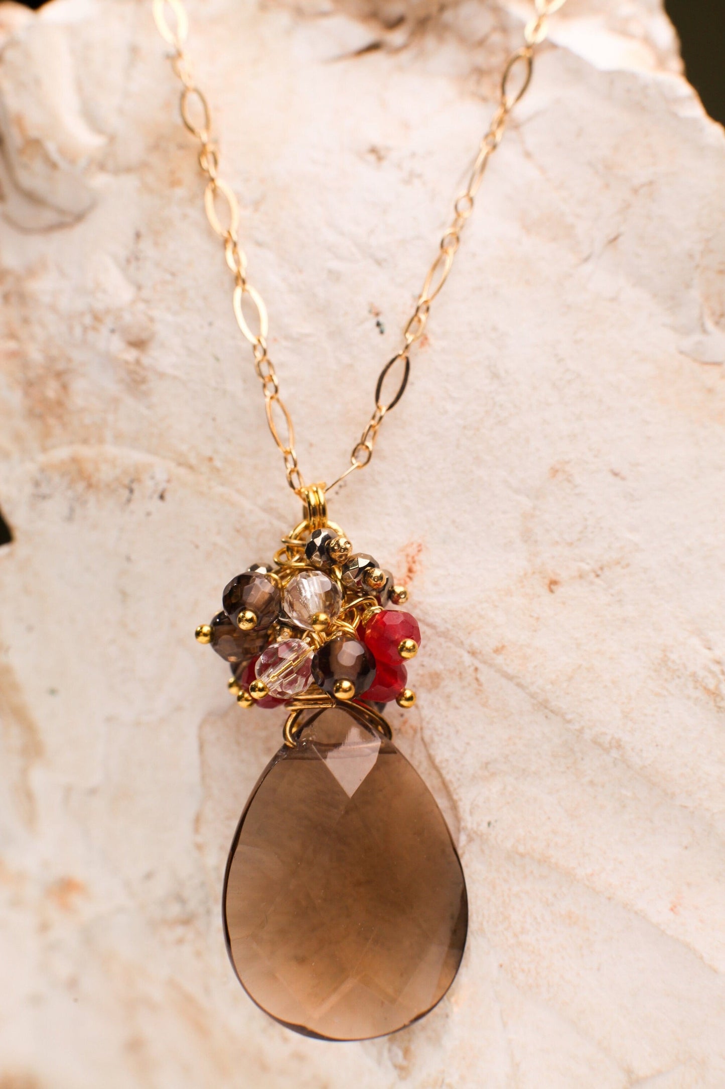 Smokey Quartz Faceted Pear Drop 18x25mm Pendant, Smokey Qz, Rock Crystal,Ruby Jade Clusters Wire Wrapped,14K Gold Filled Chain 18&quot; Necklace