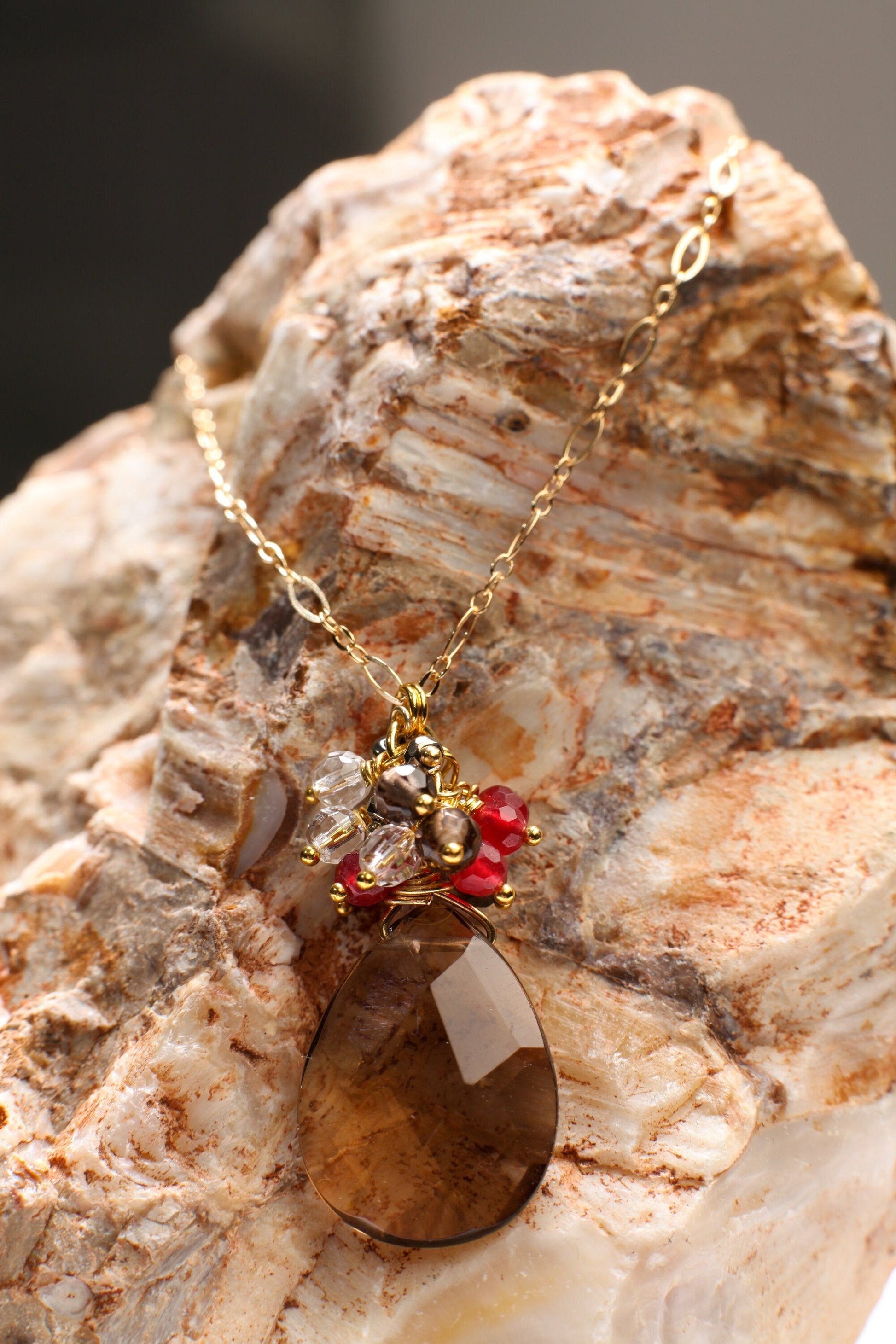 Smokey Quartz Faceted Pear Drop 18x25mm Pendant, Smokey Qz, Rock Crystal,Ruby Jade Clusters Wire Wrapped,14K Gold Filled Chain 18&quot; Necklace