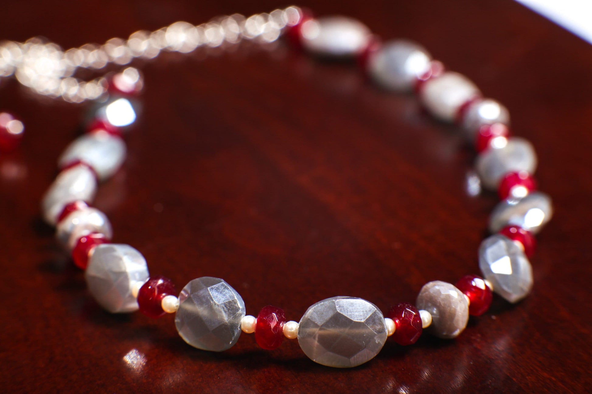 Natural Gray Moonstone Faceted Oval 10x12mm Necklace Accent with Garnet Spacer Gemstone Beads in 925 Sterling Silver Chain and Clasp