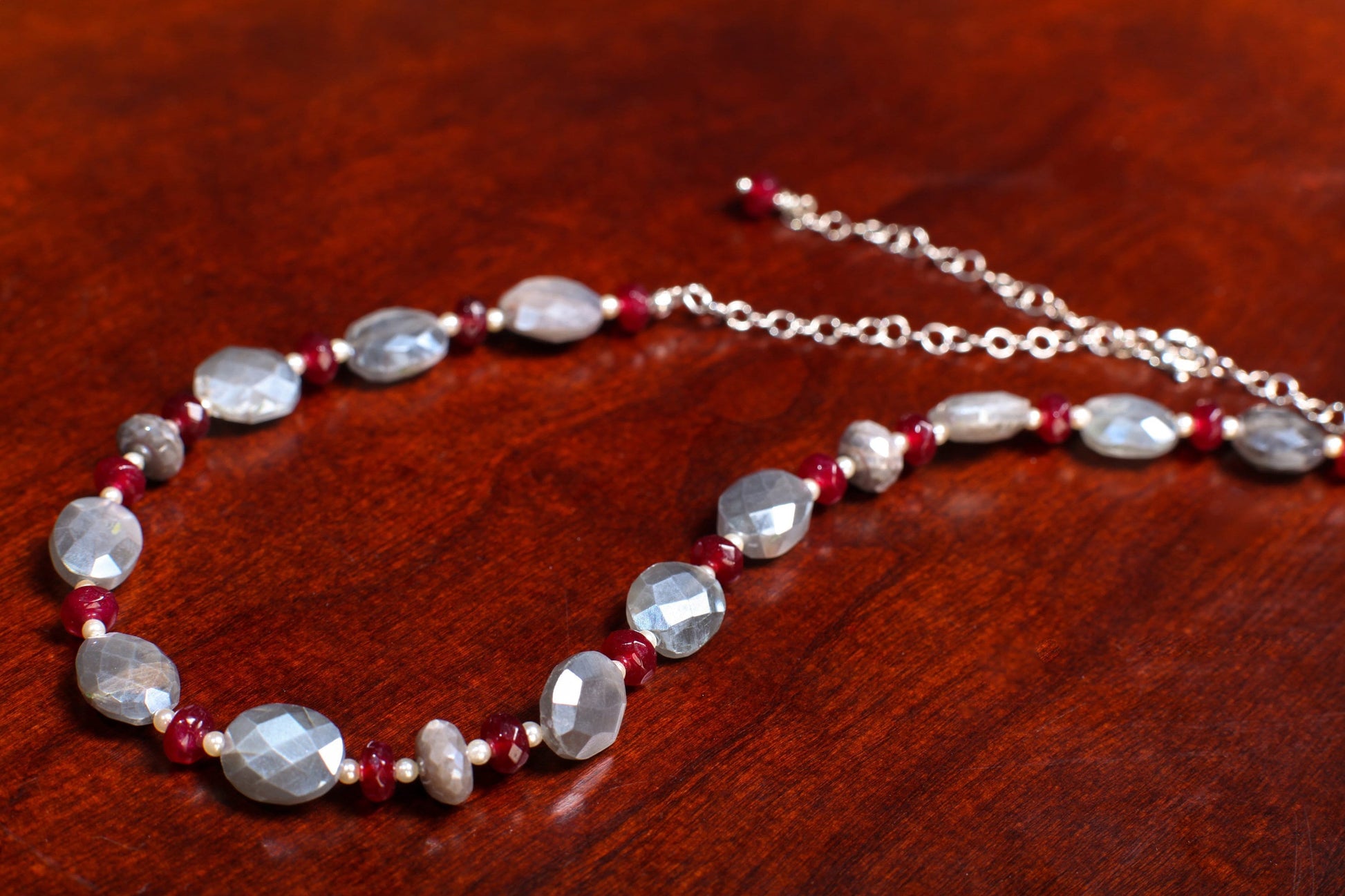 Natural Gray Moonstone Faceted Oval 10x12mm Necklace Accent with Garnet Spacer Gemstone Beads in 925 Sterling Silver Chain and Clasp