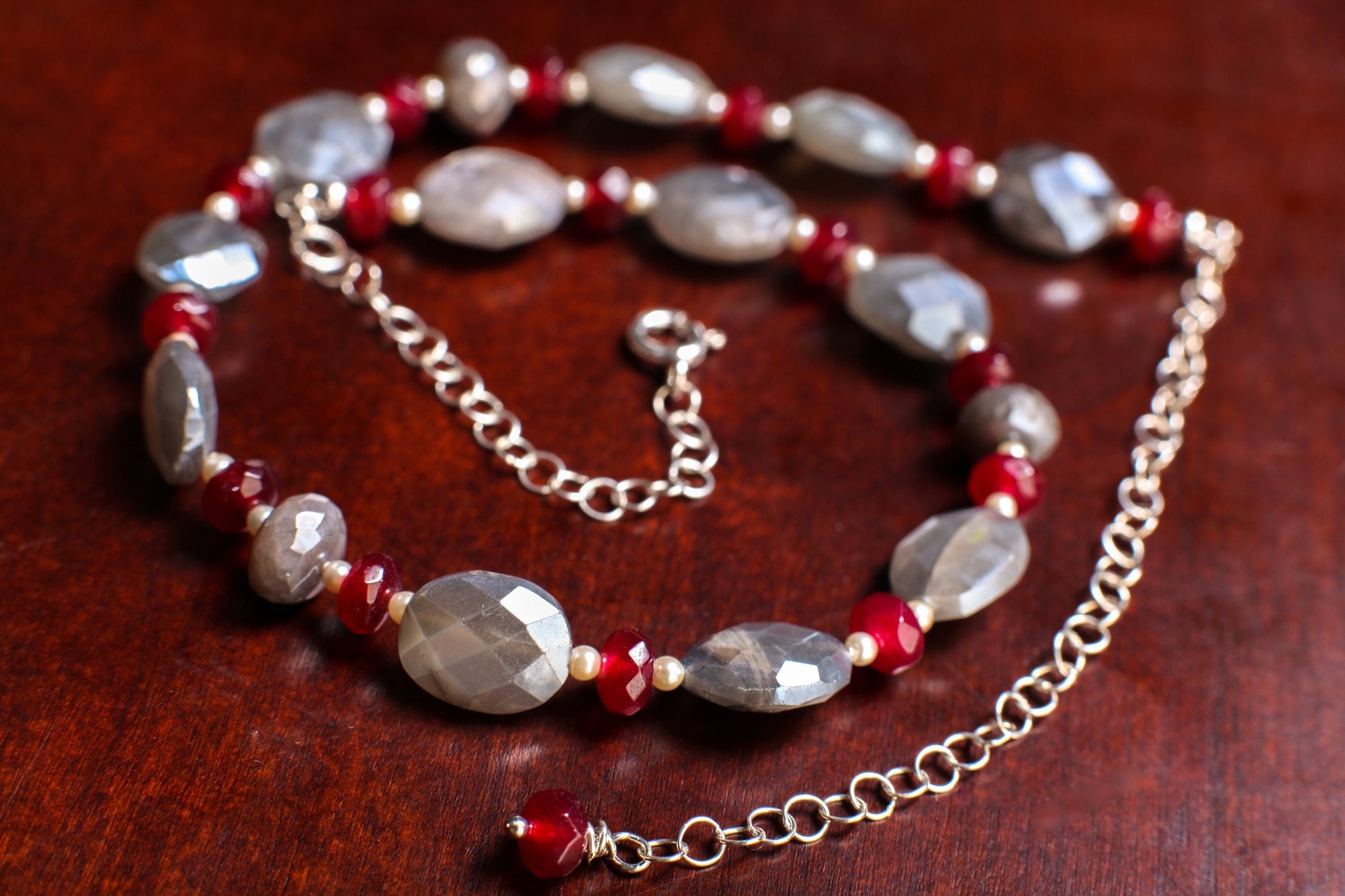 Natural Gray Moonstone Faceted Oval 10x12mm Necklace Accent with Garnet Spacer Gemstone Beads in 925 Sterling Silver Chain and Clasp