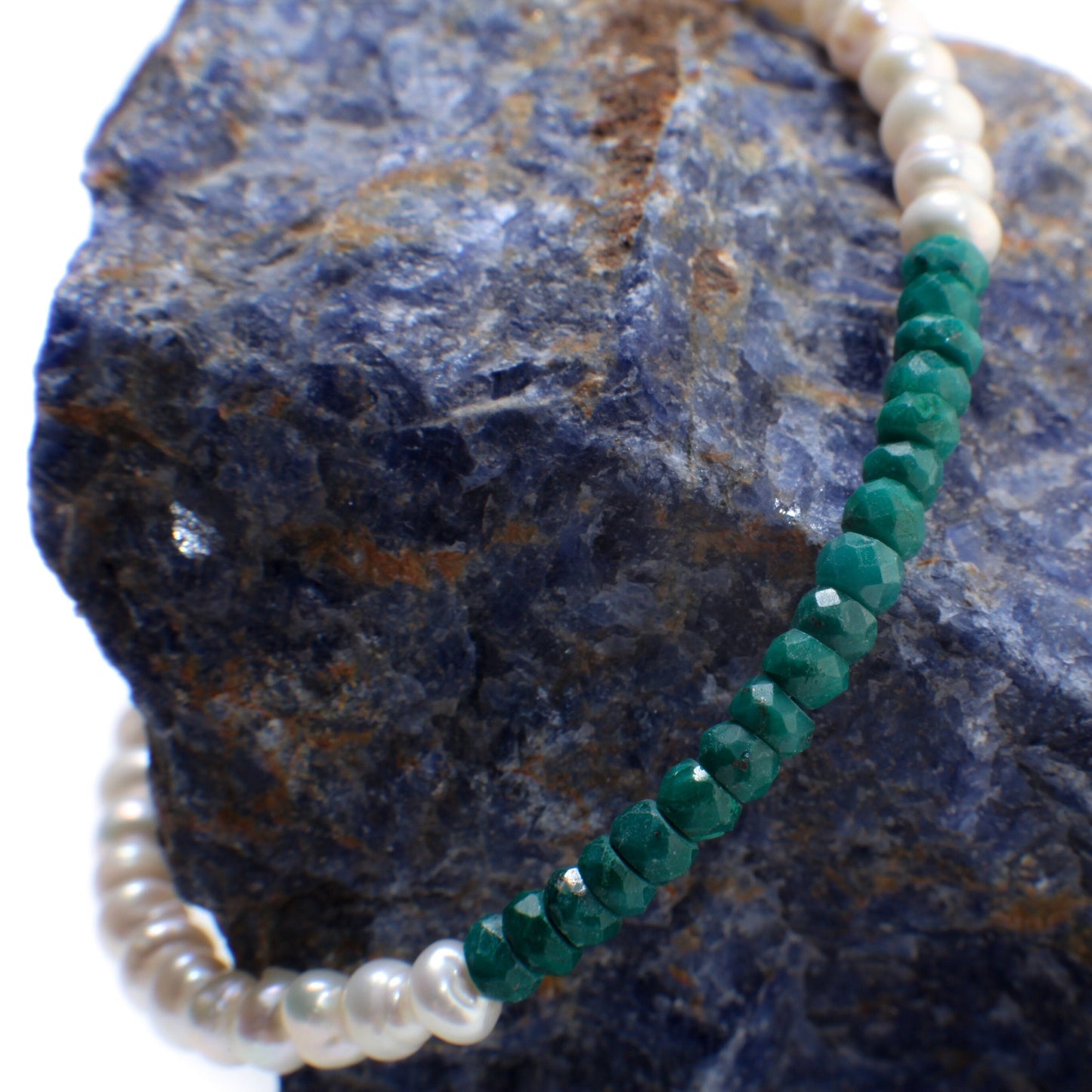 Genuine Emerald Faceted Rondelle and Freshwater Pearl Bracelet in 925 Sterling Silver or 14K Gold Filled Clasp and 1" Extension Chain