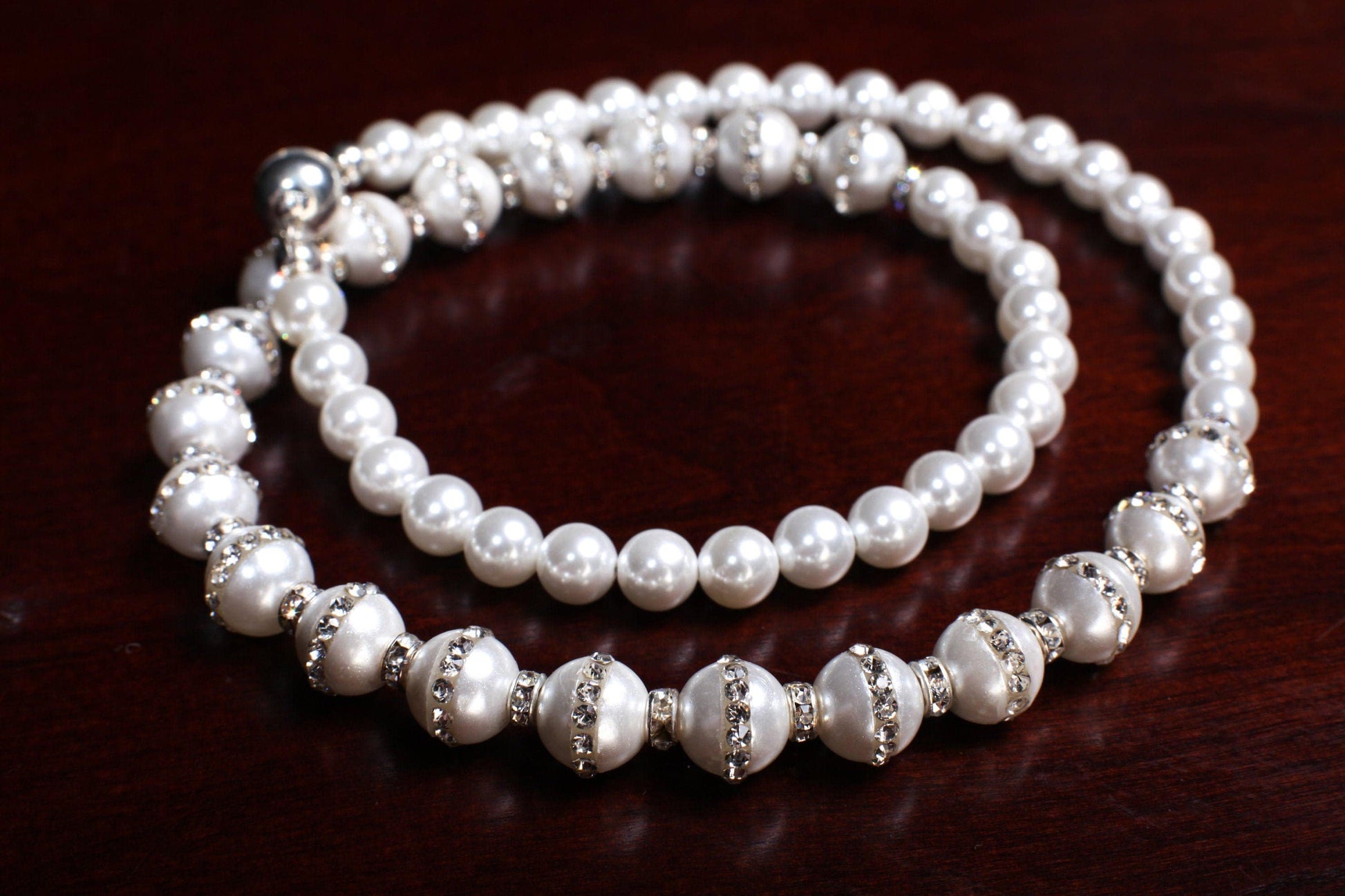 South Sea Shell Pearl Smooth Round and Rhinestone Pearl Beads White Necklace, Bridal with Magnetic Closure, Gift for Her