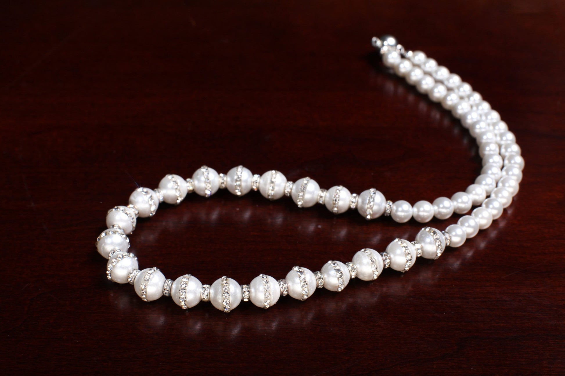 South Sea Shell Pearl Smooth Round and Rhinestone Pearl Beads White Necklace, Bridal with Magnetic Closure, Gift for Her