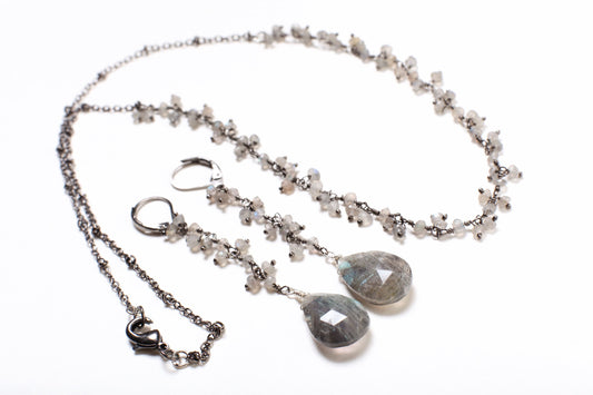 Labradorite Necklace & Earrings Set, Dangling Oxidized Silver Wire Wrap Faceted Pear Drop, Clusters in Gun Metal Leverback, Boho, Handmade