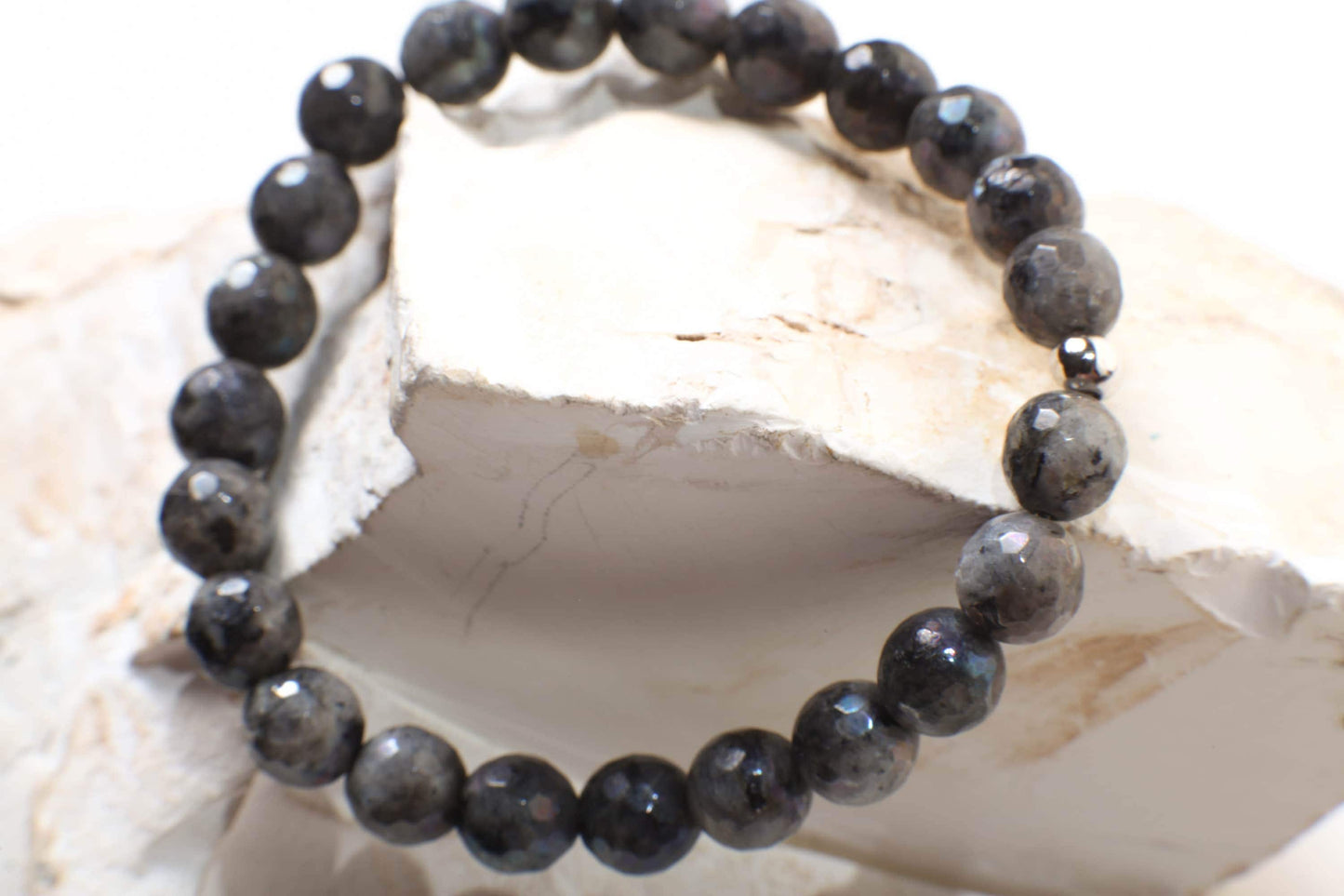 Larvikite Faceted Round Stretchy Healing Gemstone Bracelet