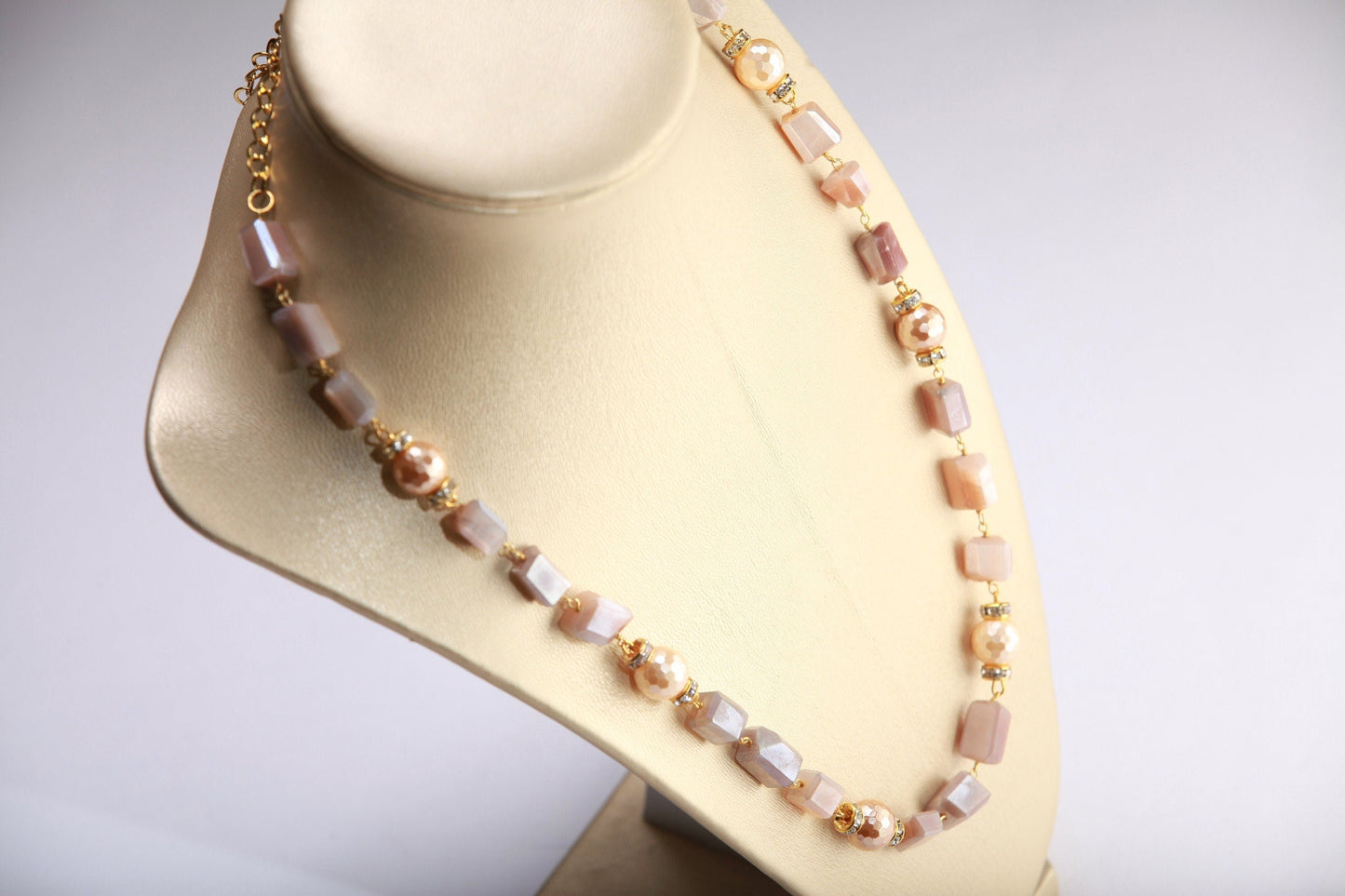 Natural Peach Moonstone raw freeform nugget wire wrapped ,south Seashell Pearl rhinestone roundel spacer handmade beautiful Necklace gift
