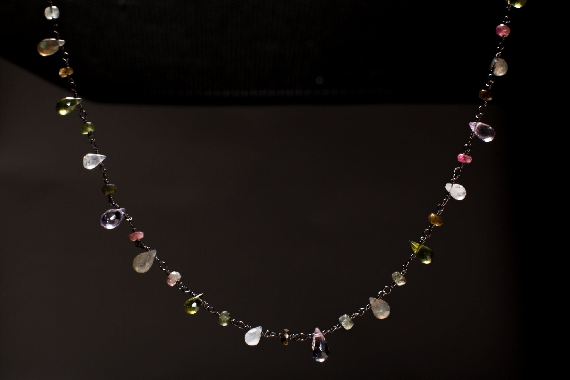 Multi Gemstone Faceted Briolette Rondelle Wire Wrapped Oxidized Silver Necklace, Peridot, Labradorite, Moonstone, Tourmaline, Pink Amethyst