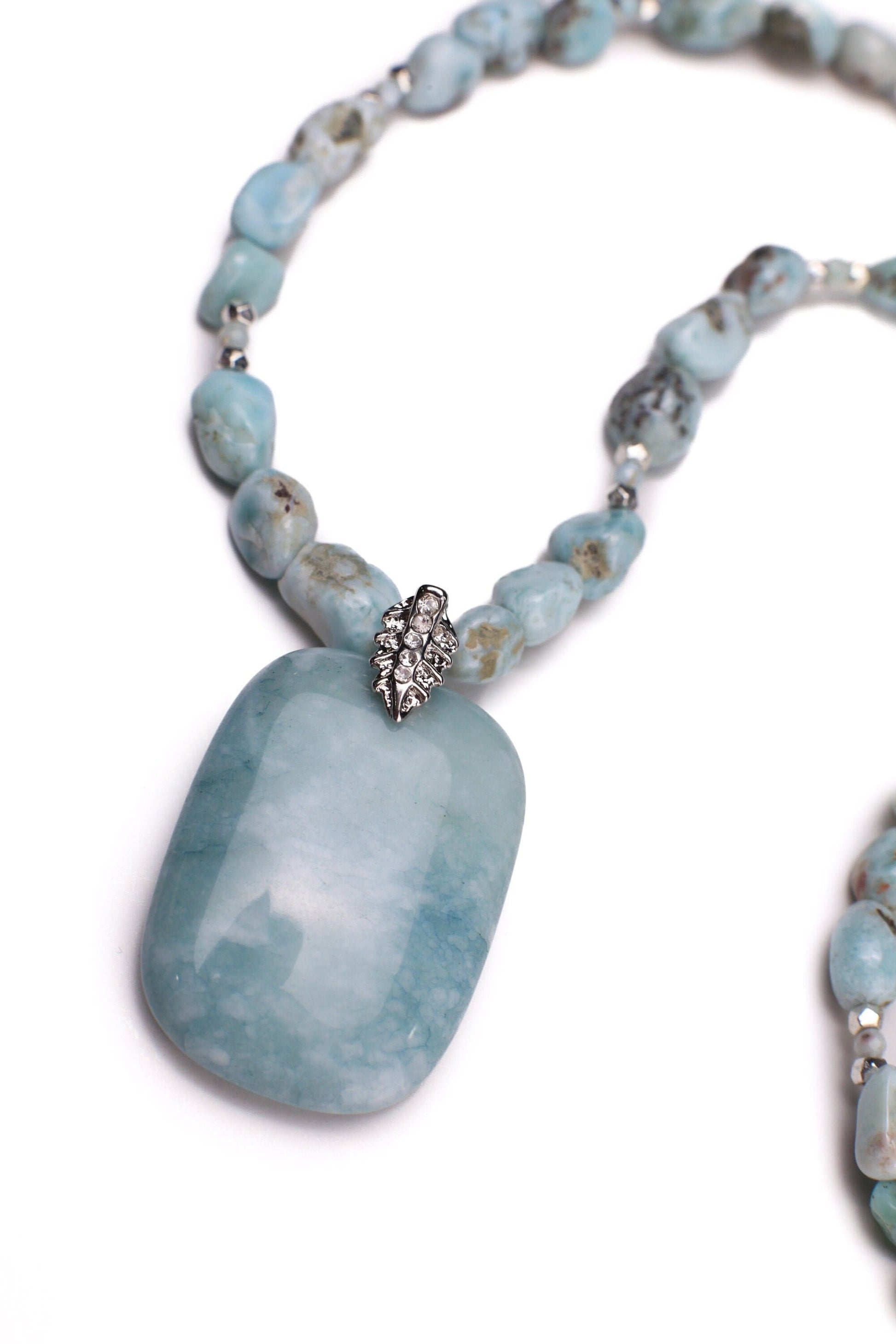 Natural Larimar Raw Nugget 6-8mm, Larimar 3mm Spacer Necklace, Matching Larimar Pendant 18&quot; Necklace with 3&quot; Rhodium Extension Chain