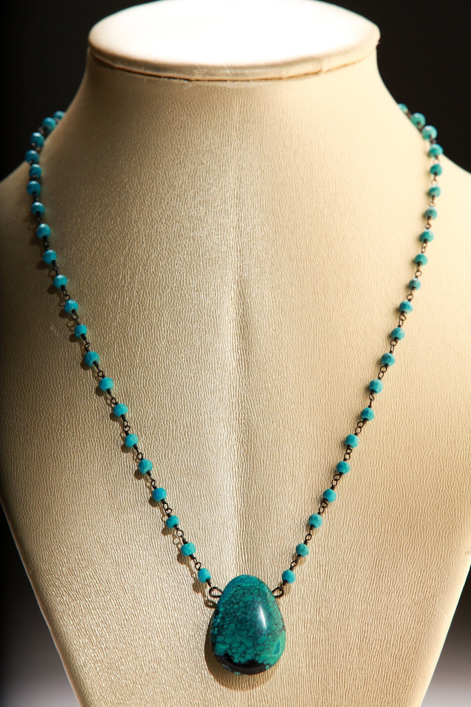 Natural Tibetan Turquoise Matrix Teardrop Pendant with Turquoise Beaded 18&quot; Black Oxidized Necklace