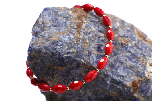 Bamboo Coral Faceted Rice Oval Genuine AAA Quality Bracelet with 14K Gold Filled Spacer and Clasp, 7&quot; plus 1.5&quot; Extender, good luck gift