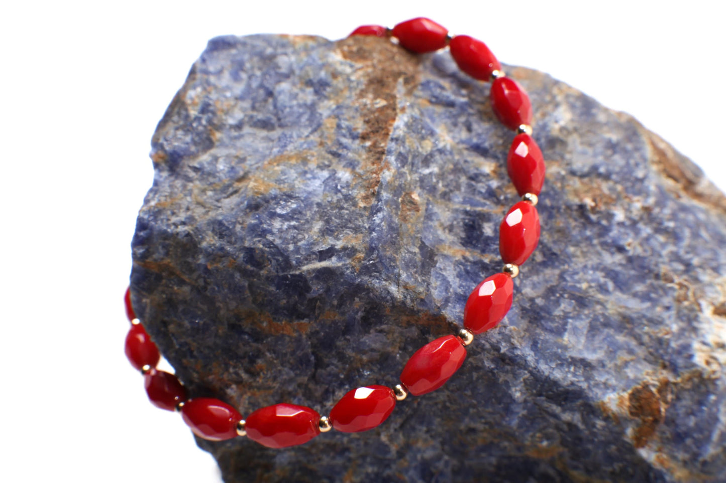 Bamboo Coral Faceted Rice Oval Genuine AAA Quality Bracelet with 14K Gold Filled Spacer and Clasp, 7" plus 1.5" Extender, good luck gift
