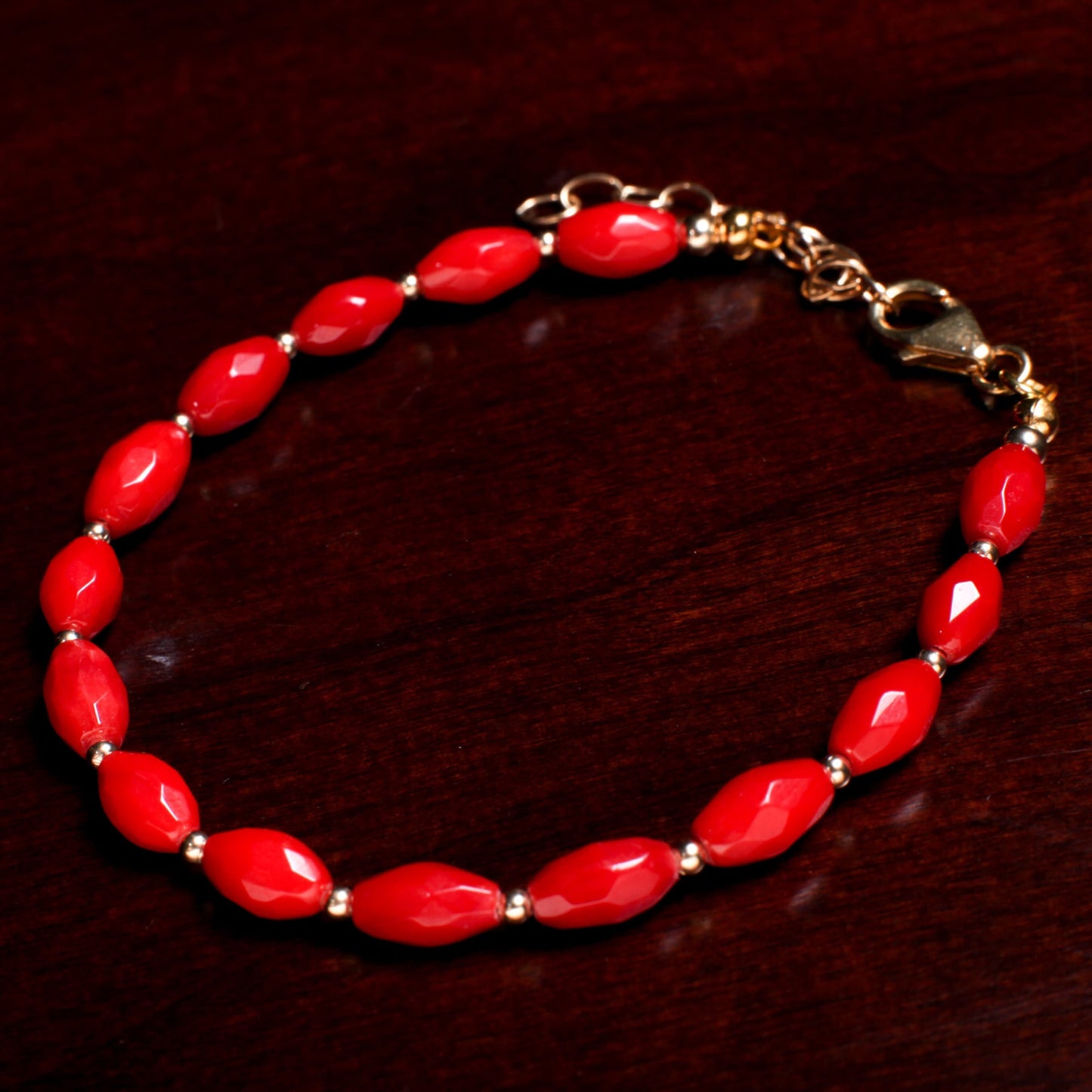 Bamboo Coral Faceted Rice Oval Genuine AAA Quality Bracelet with 14K Gold Filled Spacer and Clasp, 7&quot; plus 1.5&quot; Extender, good luck gift