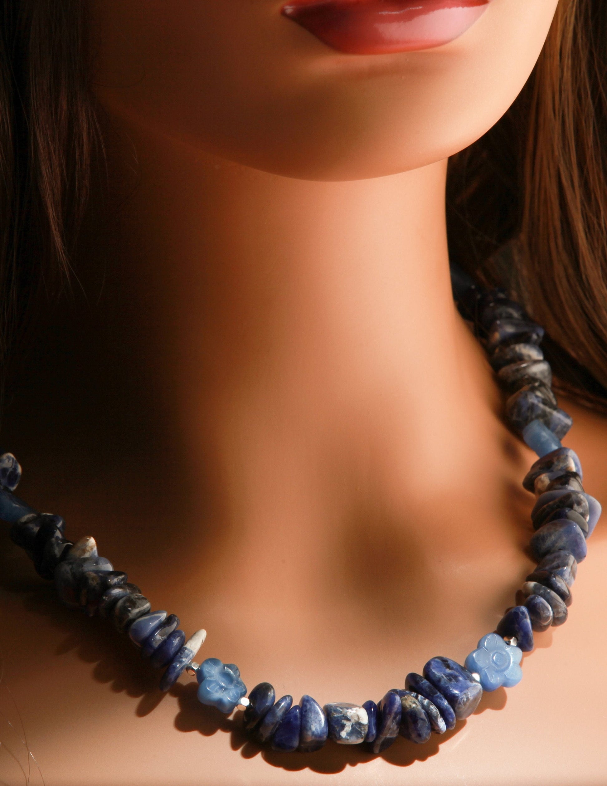 Sodalite Raw Nugget with Carved Vintage Flower Gemstone 19&quot; Necklace with 2&quot; Extension Chain