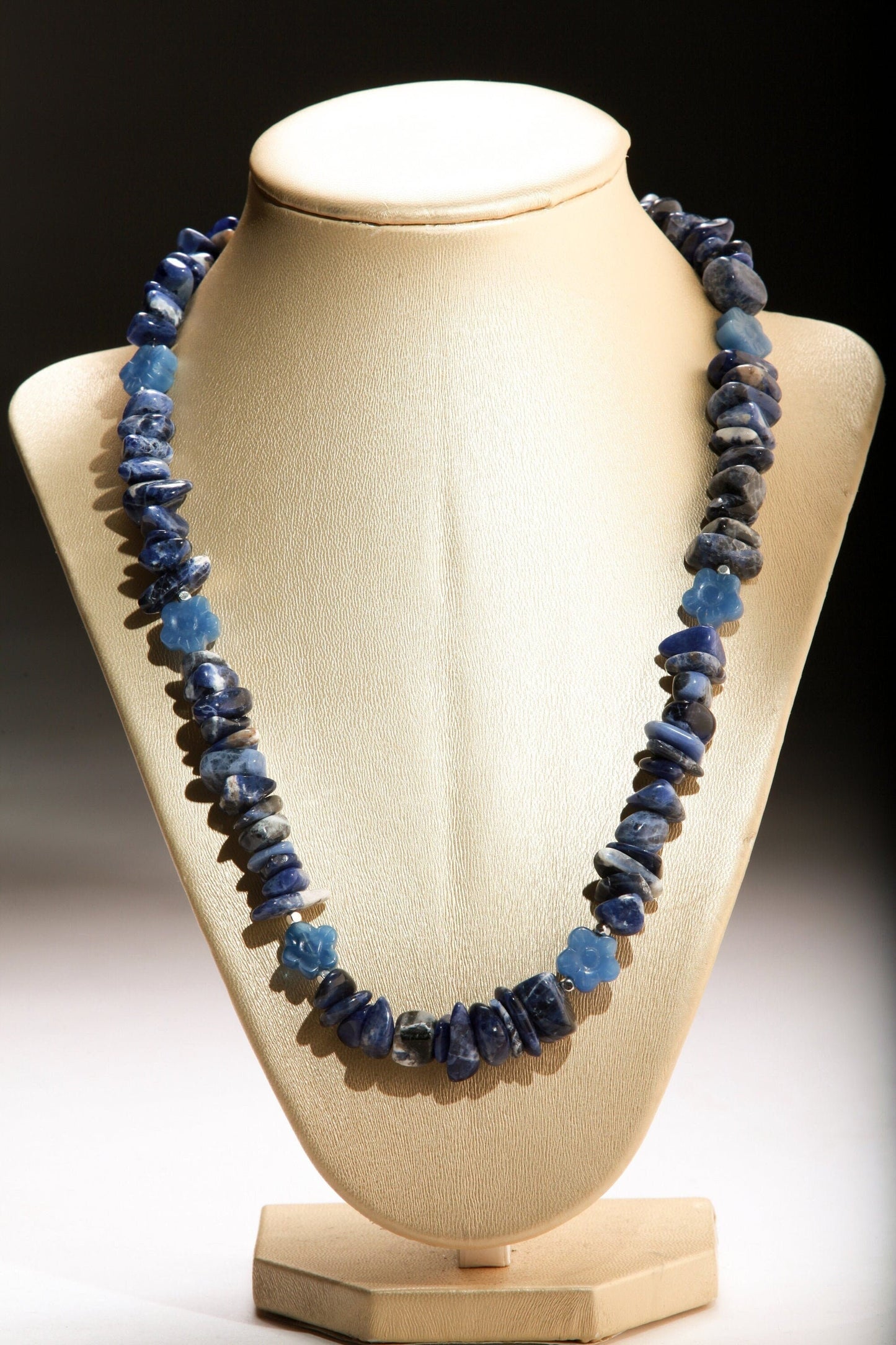 Sodalite Raw Nugget with Carved Vintage Flower Gemstone 19&quot; Necklace with 2&quot; Extension Chain