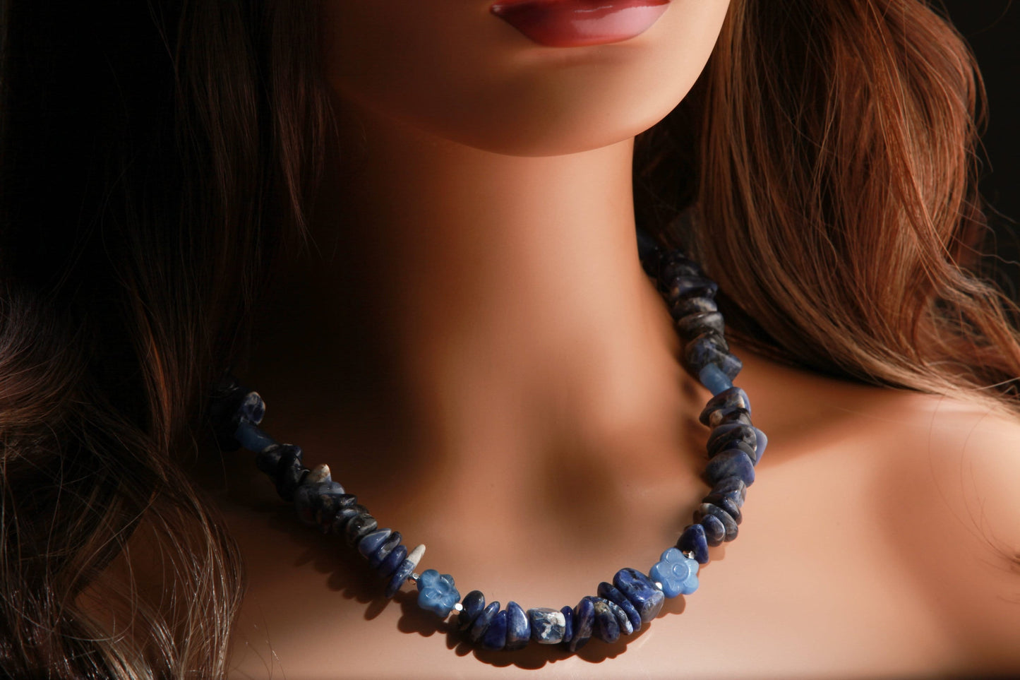 Sodalite Raw Nugget with Carved Vintage Flower Gemstone 19&quot; Necklace with 2&quot; Extension Chain