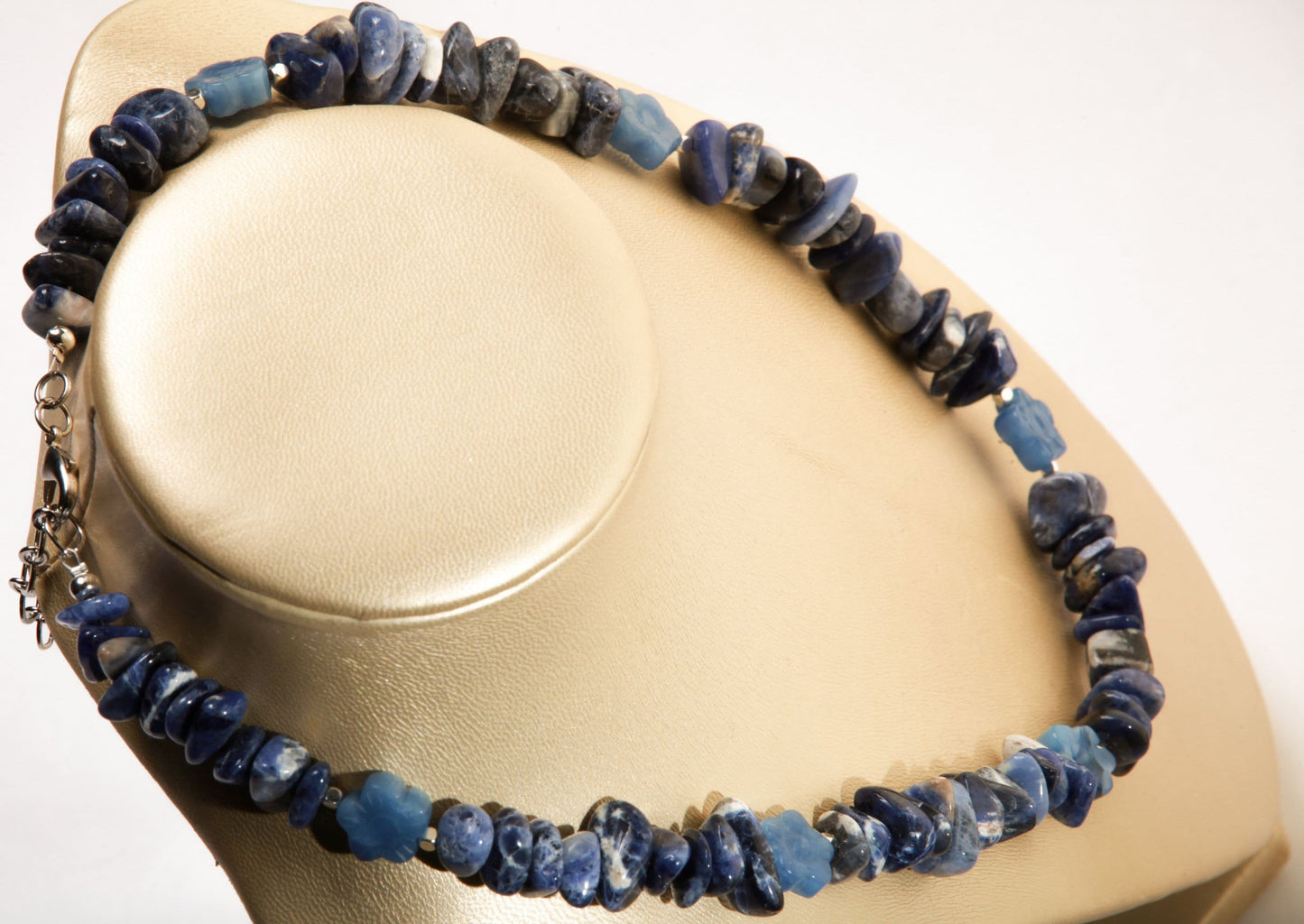 Sodalite Raw Nugget with Carved Vintage Flower Gemstone 19&quot; Necklace with 2&quot; Extension Chain