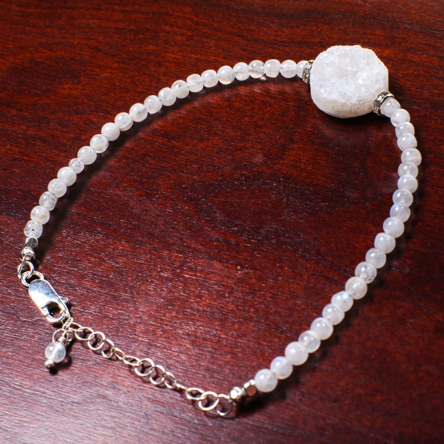 Moonstone smooth round 4mm with natural Geod Drusy white center piece Bracelet in 925 Sterling Silver Chain and Clasp,
