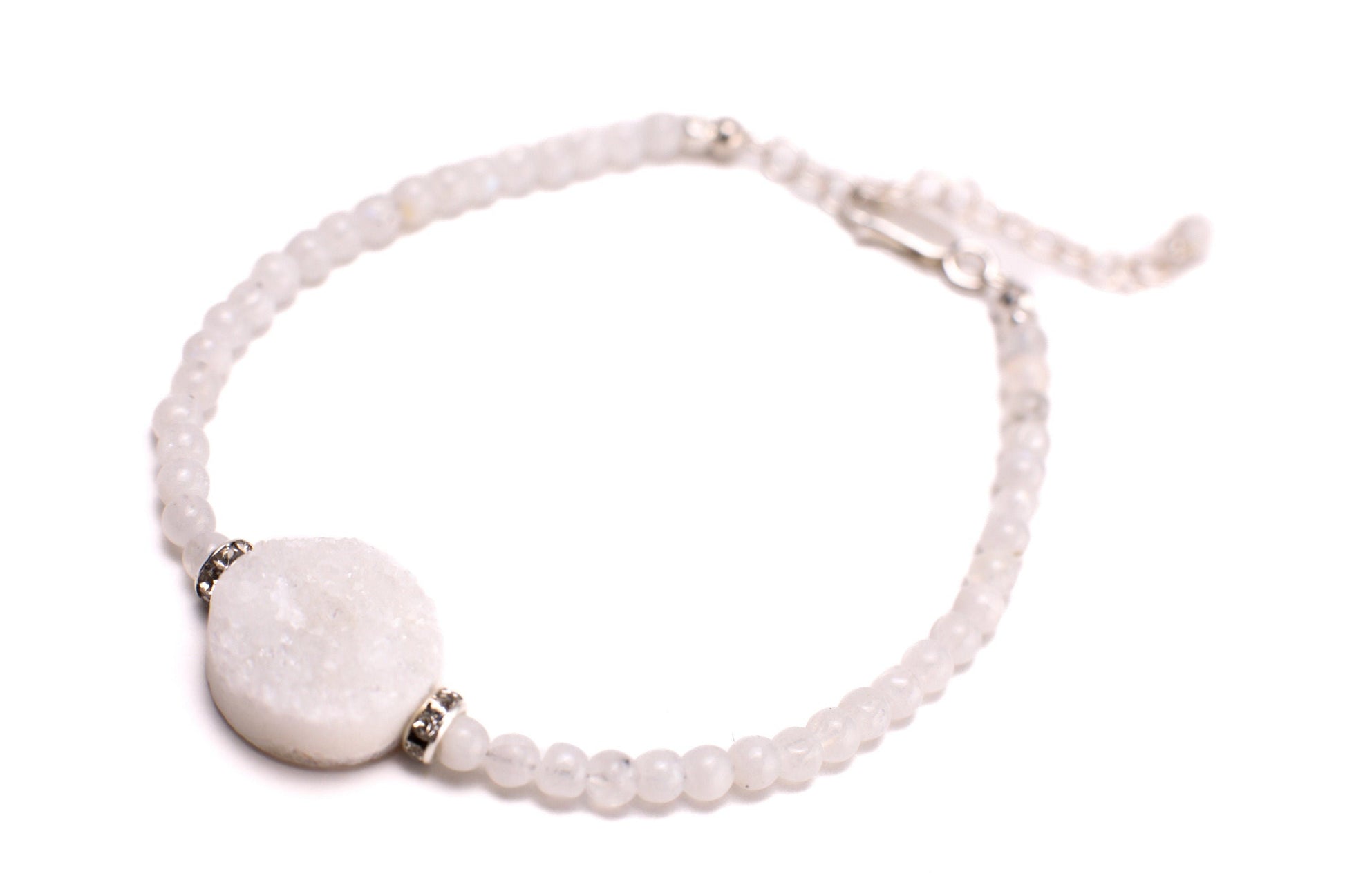Moonstone smooth round 4mm with natural Geod Drusy white center piece Bracelet in 925 Sterling Silver Chain and Clasp,