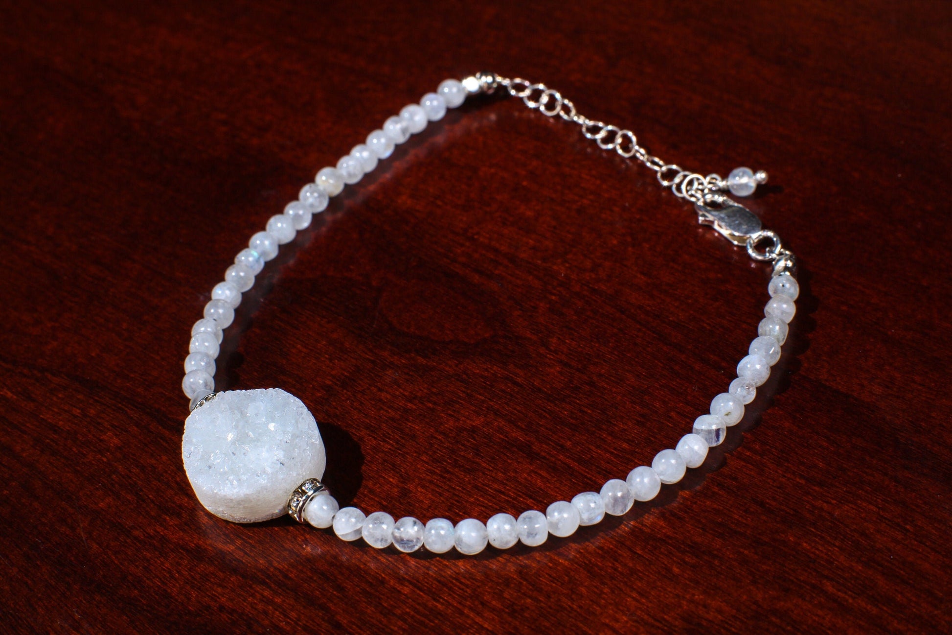 Moonstone smooth round 4mm with natural Geod Drusy white center piece Bracelet in 925 Sterling Silver Chain and Clasp,