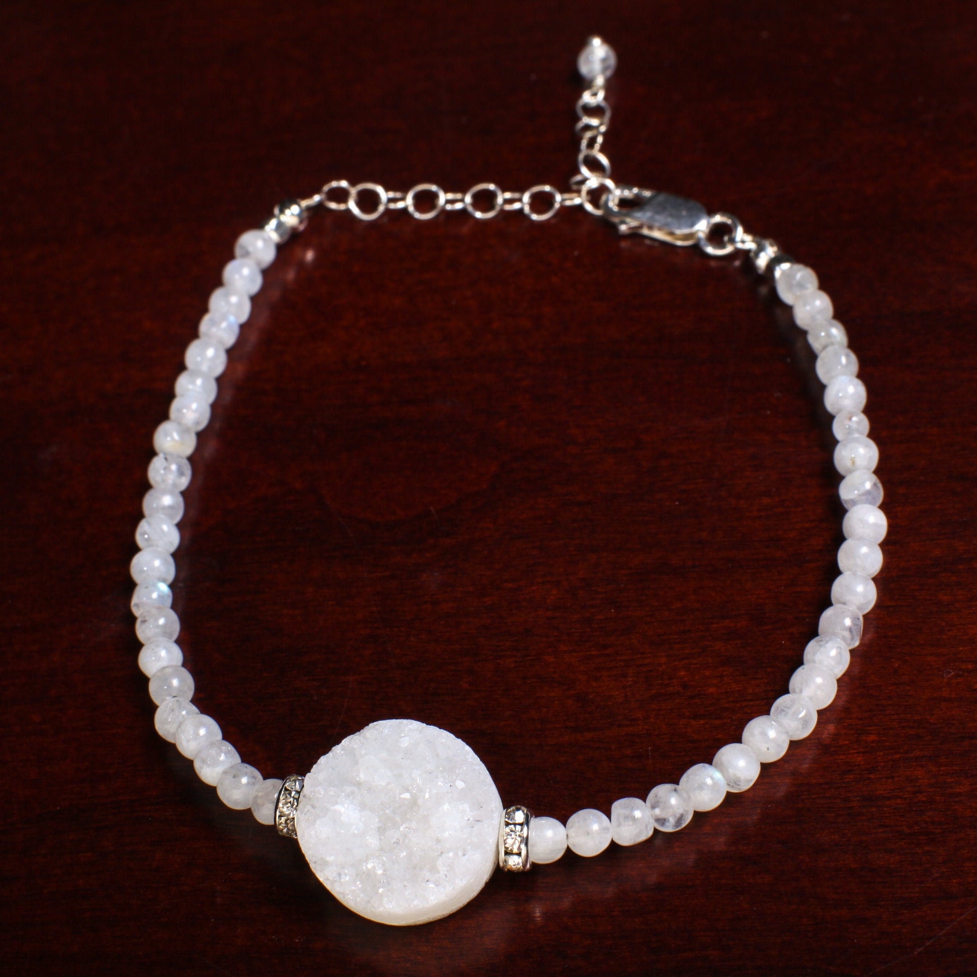 Moonstone smooth round 4mm with natural Geod Drusy white center piece Bracelet in 925 Sterling Silver Chain and Clasp,