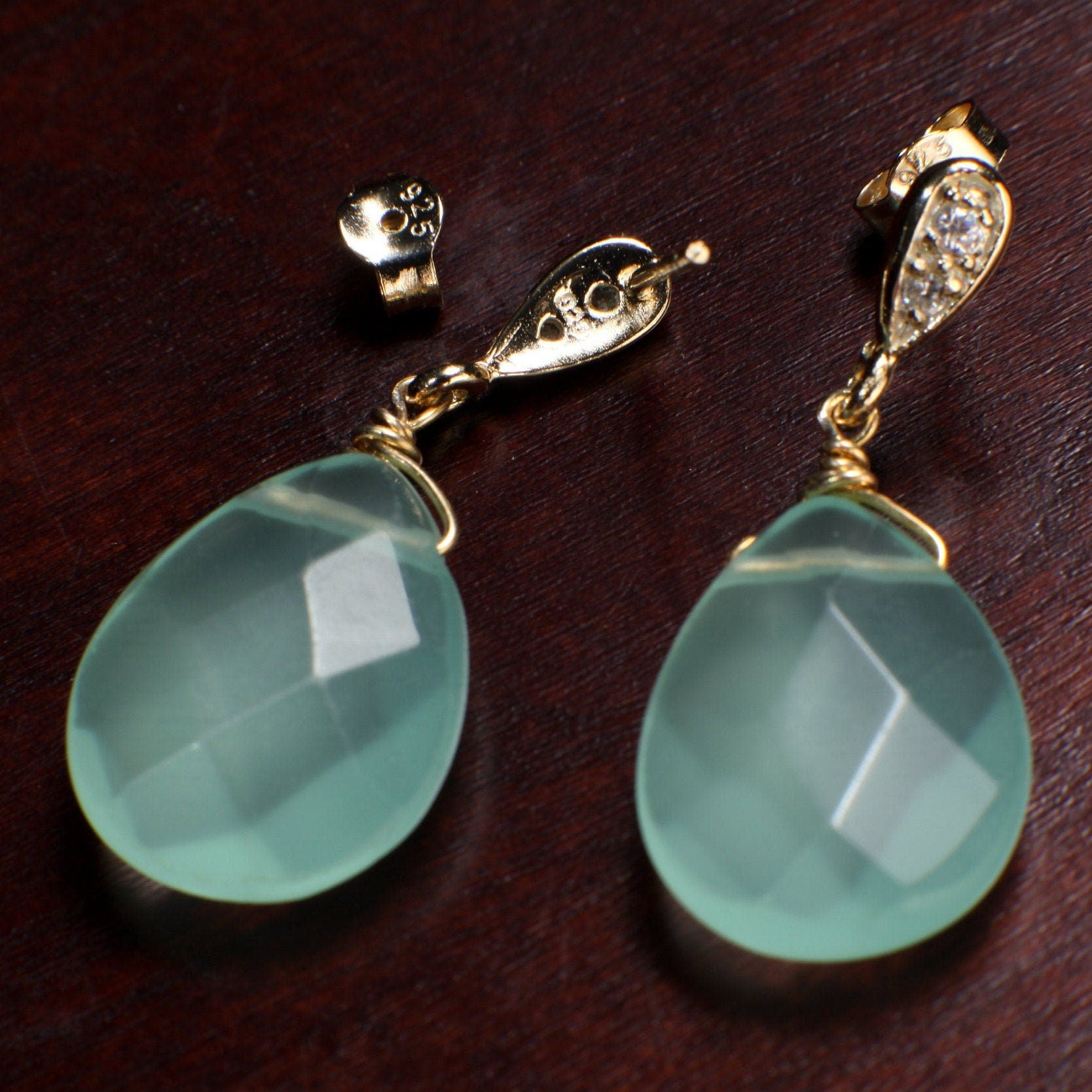 Aqua Chalcedony Faceted Pear Drop Wire Wrapped Dangling Gold over 925 Sterling Silver, Vermeil CZ Post Earrings, Minimalist Gold Jewelry