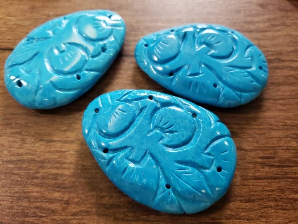 Blue Turquoise double sided hand carved 38x55mm large pendant, vintage old stock turquoise piece top drilled pendant. 1 PC