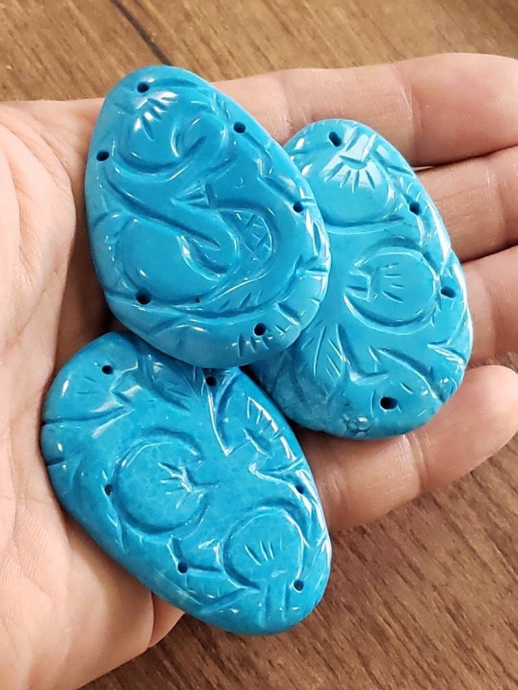 Blue Turquoise double sided hand carved 38x55mm large pendant, vintage old stock turquoise piece top drilled pendant. 1 PC