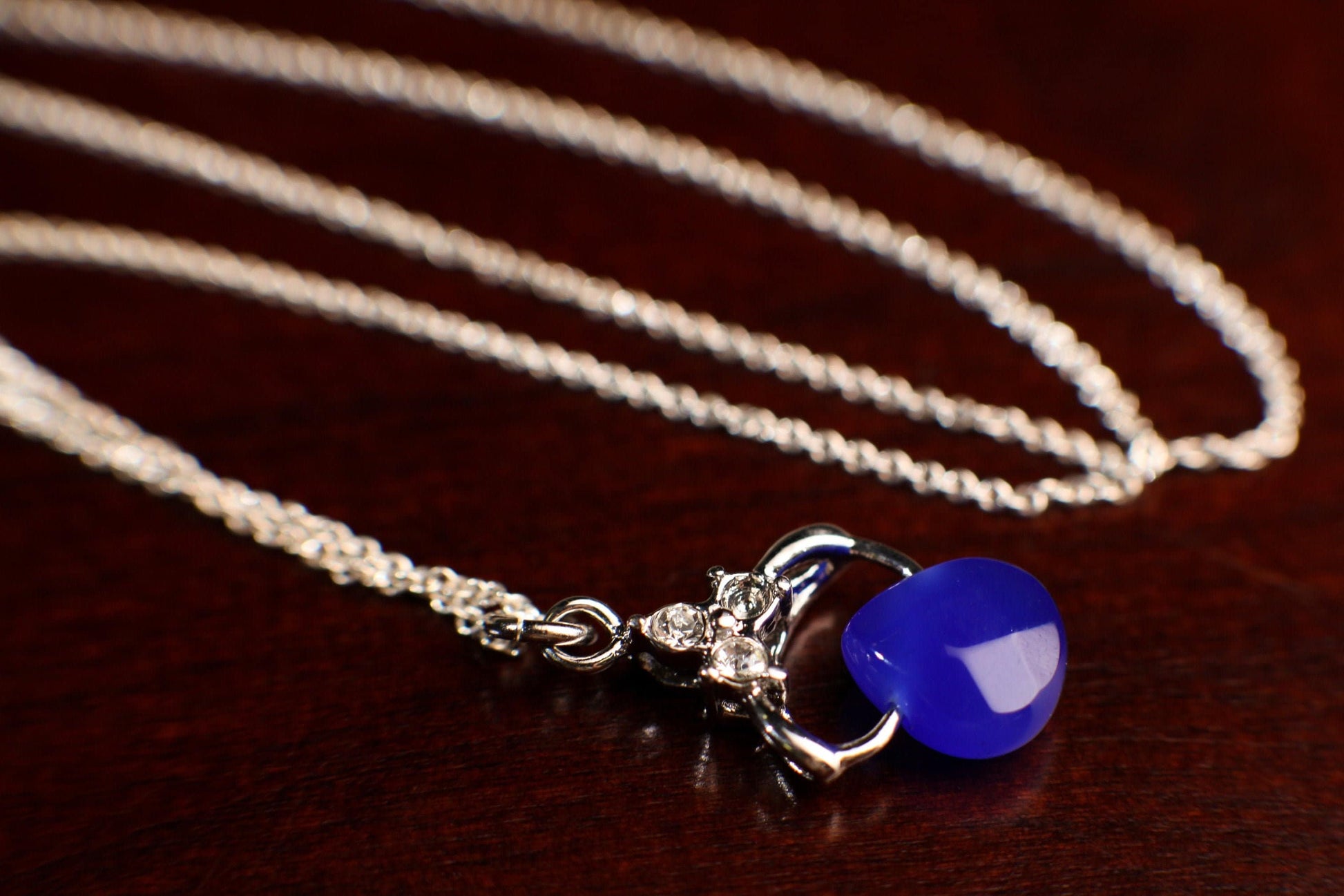 Natural Cobalt Blue Chalcedony Faceted Heart drop with 925 Sterling Silver Rhodium Pendant Dainty Cable Chain Necklace