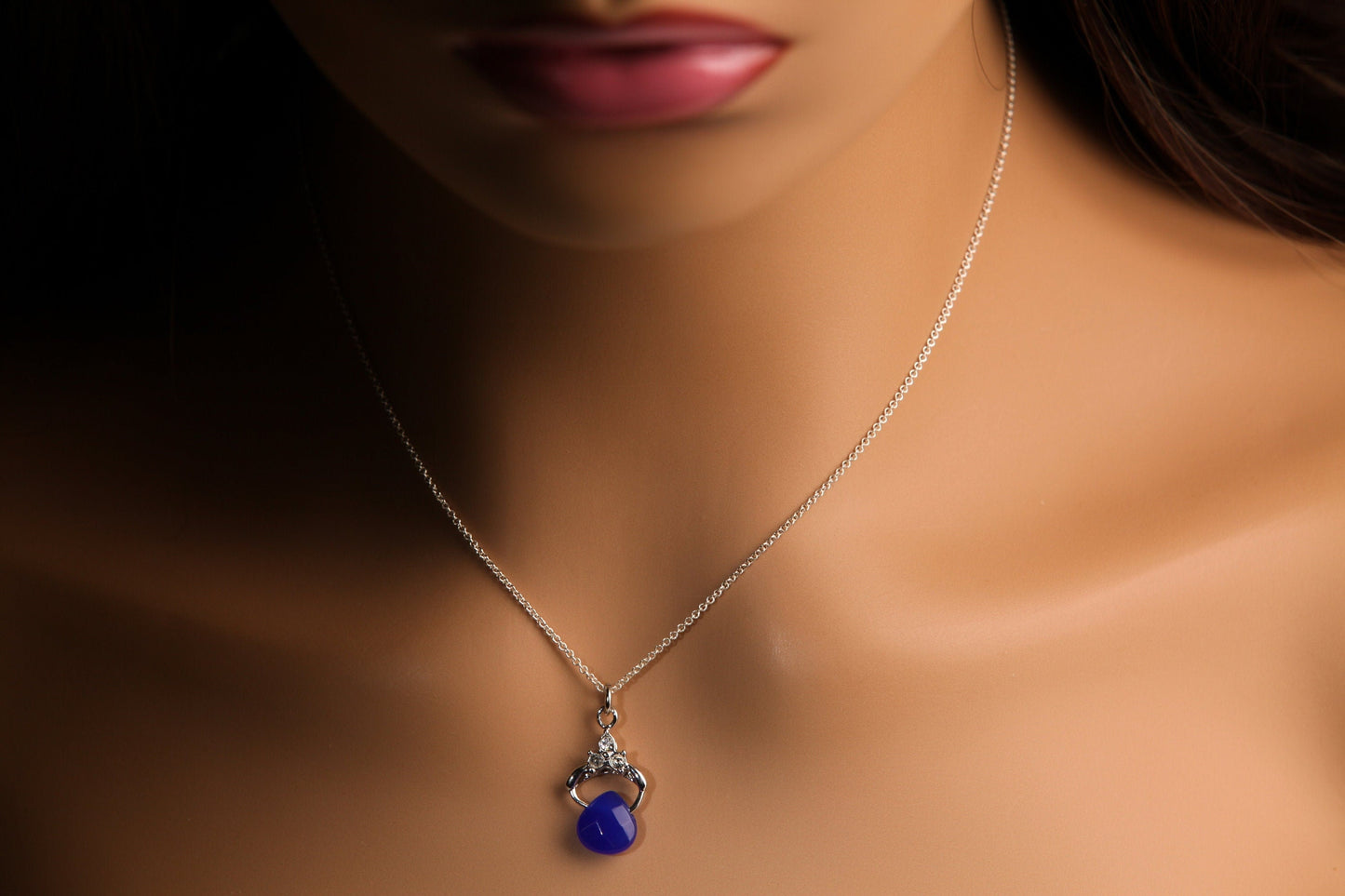 Natural Cobalt Blue Chalcedony Faceted Heart drop with 925 Sterling Silver Rhodium Pendant Dainty Cable Chain Necklace